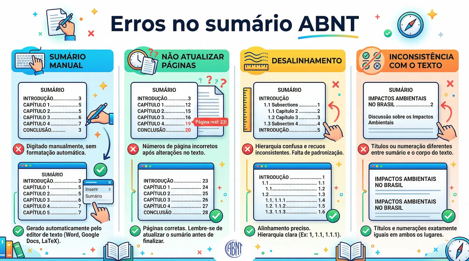 principais erros no sumário ABNT como sumário manual páginas desatualizadas desalinhamento e inconsistência com o texto