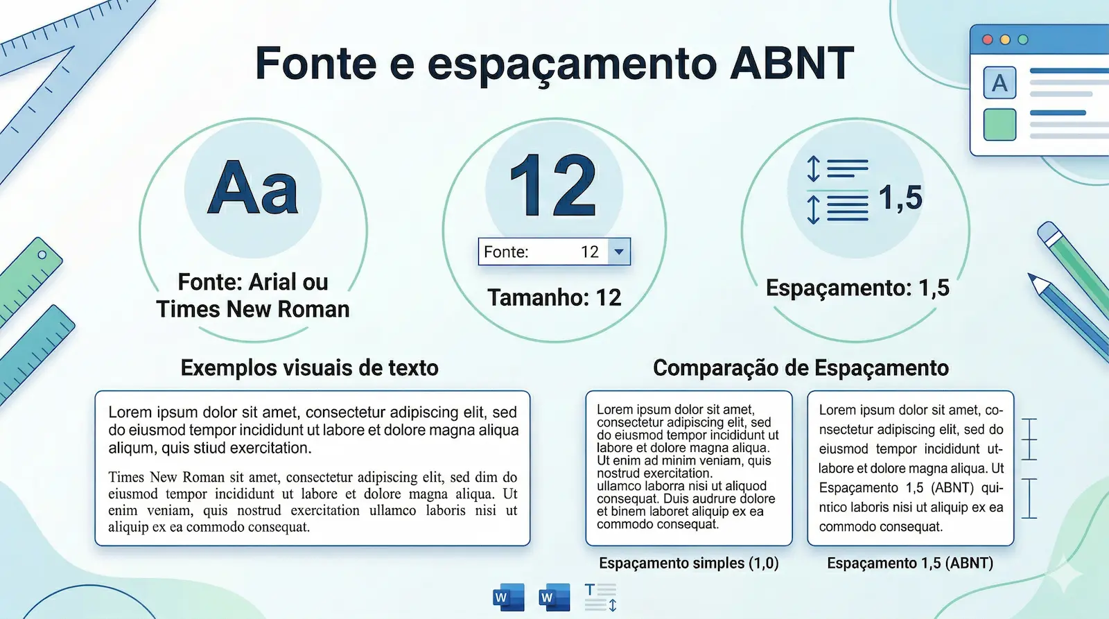 fonte e espaçamento ABNT no Word Arial ou Times New Roman tamanho 12 e espaçamento 1,5 entre linhas