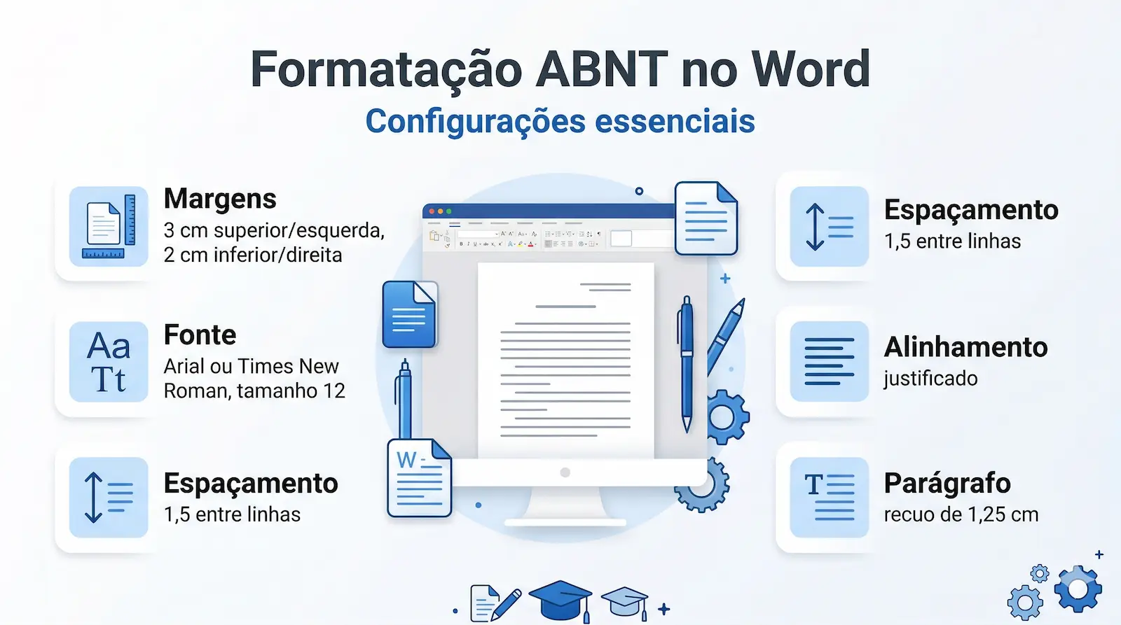 configurações básicas de formatação ABNT no Word com margens fonte espaçamento alinhamento e parágrafo