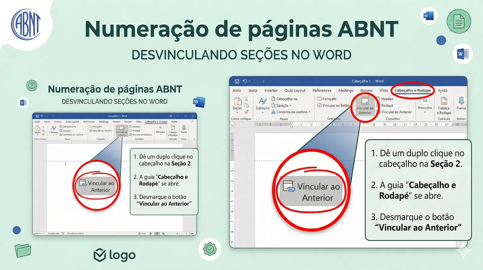 como desvincular seções no Word para numeração de páginas ABNT usando vincular ao anterior