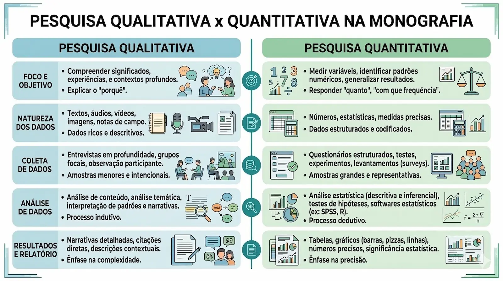 Comparação entre pesquisa qualitativa e quantitativa em uma monografia