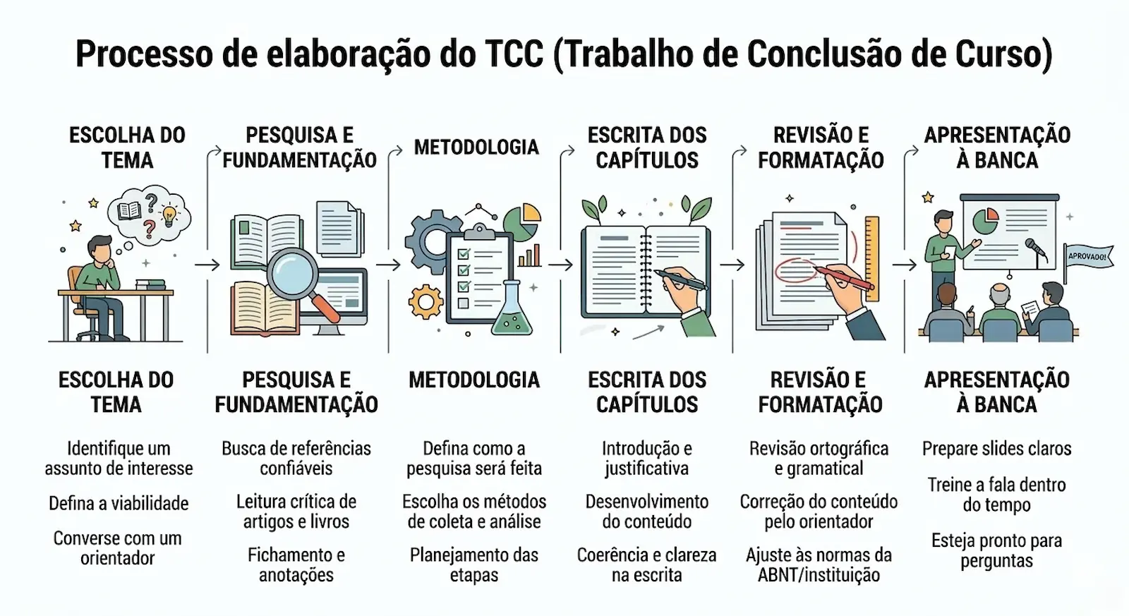 Infográfico com as principais etapas para fazer um TCC passo a passo