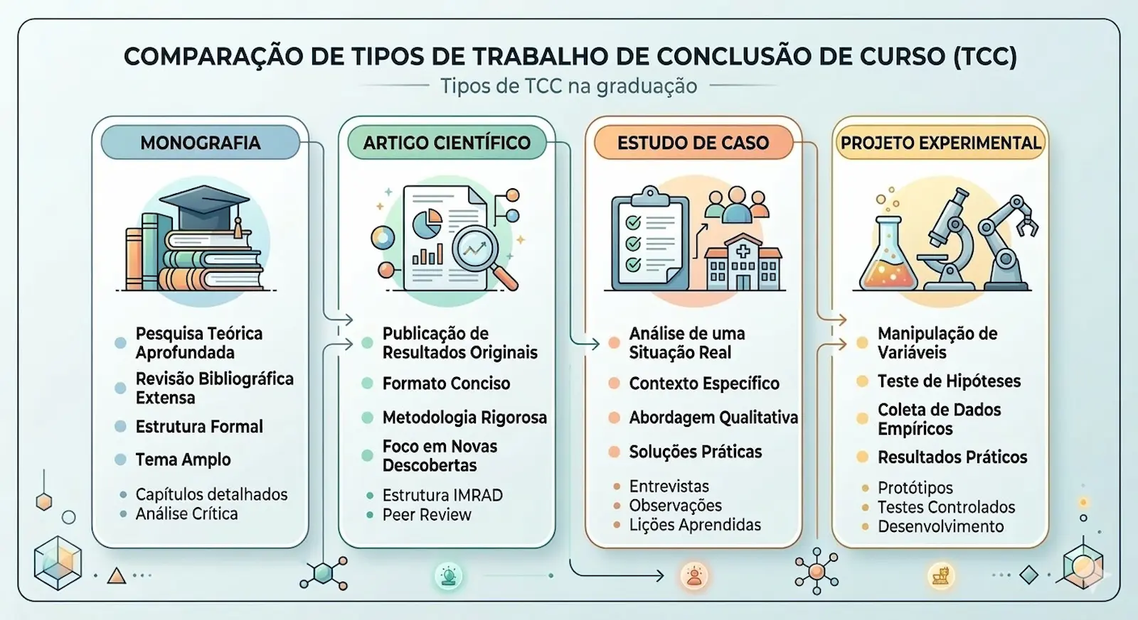 Comparação visual entre os principais tipos de TCC na graduação