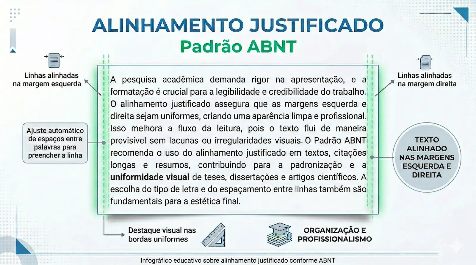 texto alinhado de forma justificada com margens esquerda e direita uniformes conforme ABNT