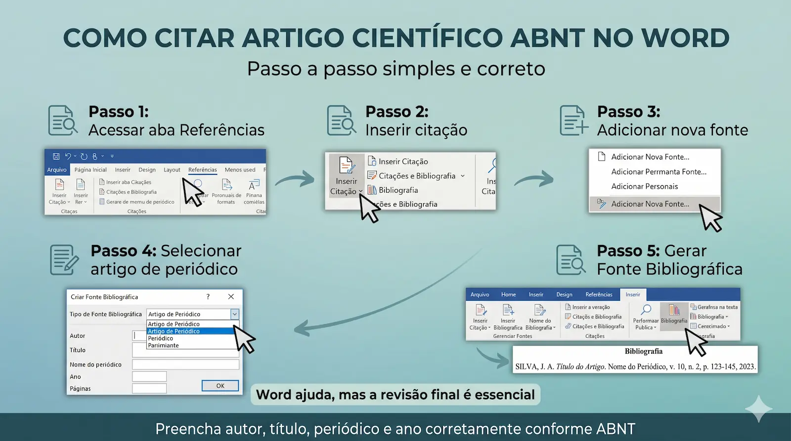 inserir citação de artigo científico no Word usando aba referências e adicionar fonte artigo