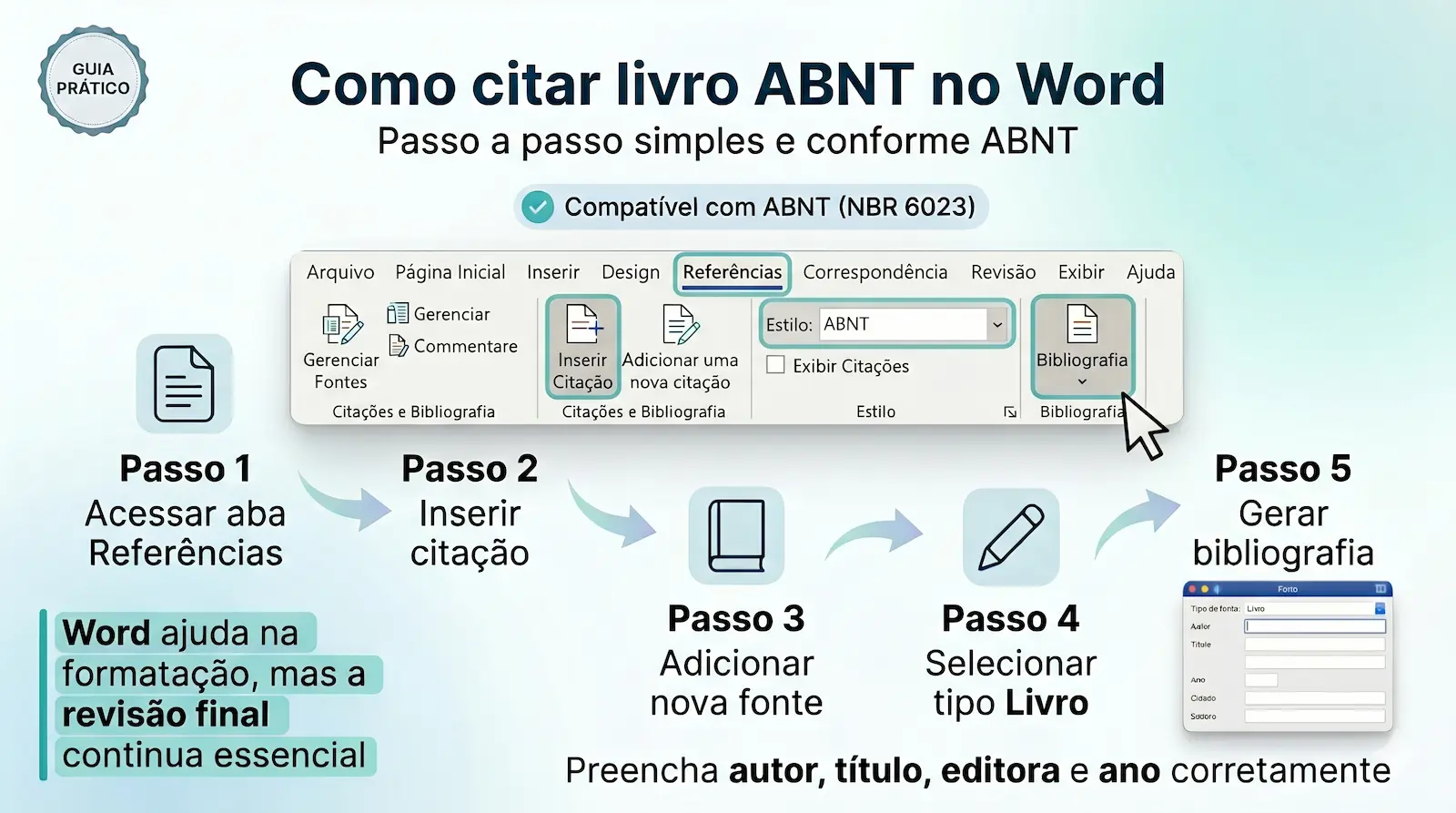 inserir citação de livro no Word usando aba referências e adicionar fonte livro