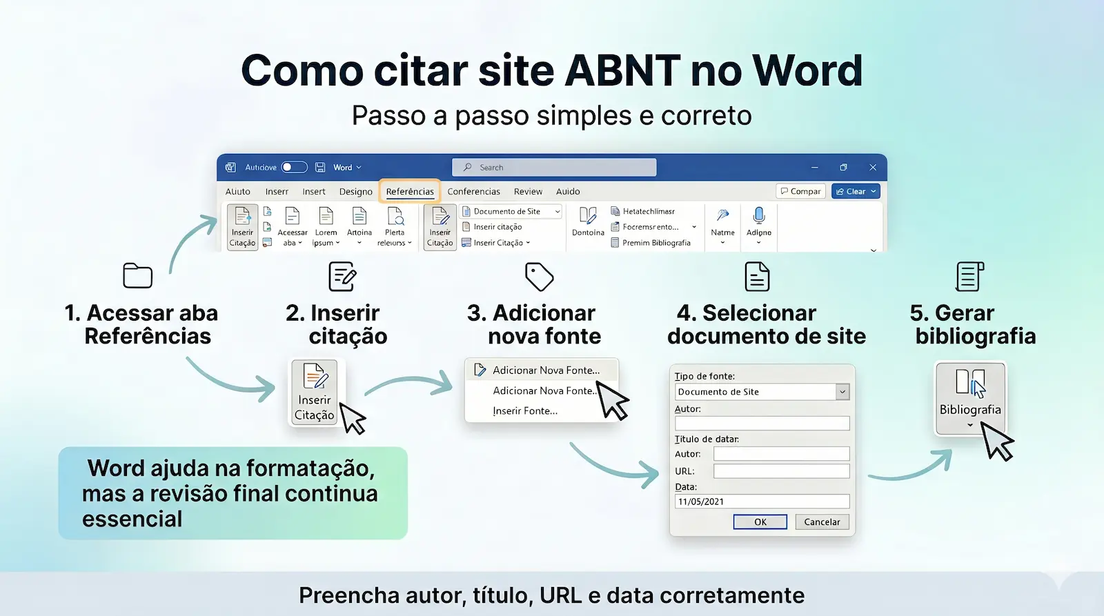 inserir citação de site no Word usando aba referências e adicionar fonte