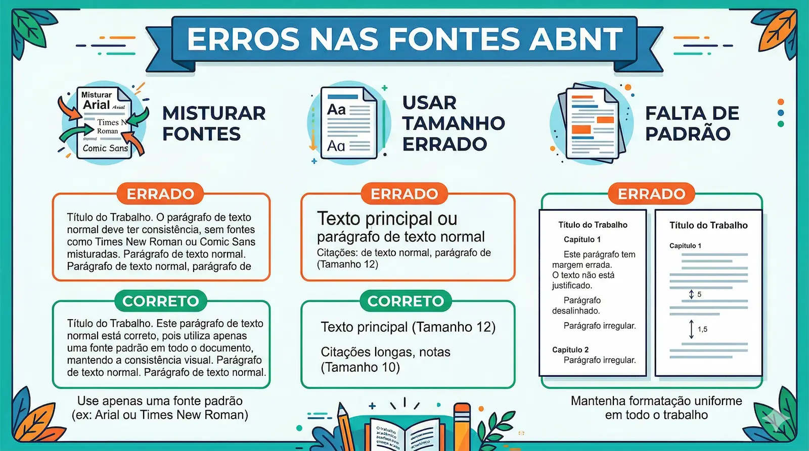 erros nas fontes ABNT como uso de várias fontes e tamanhos incorretos