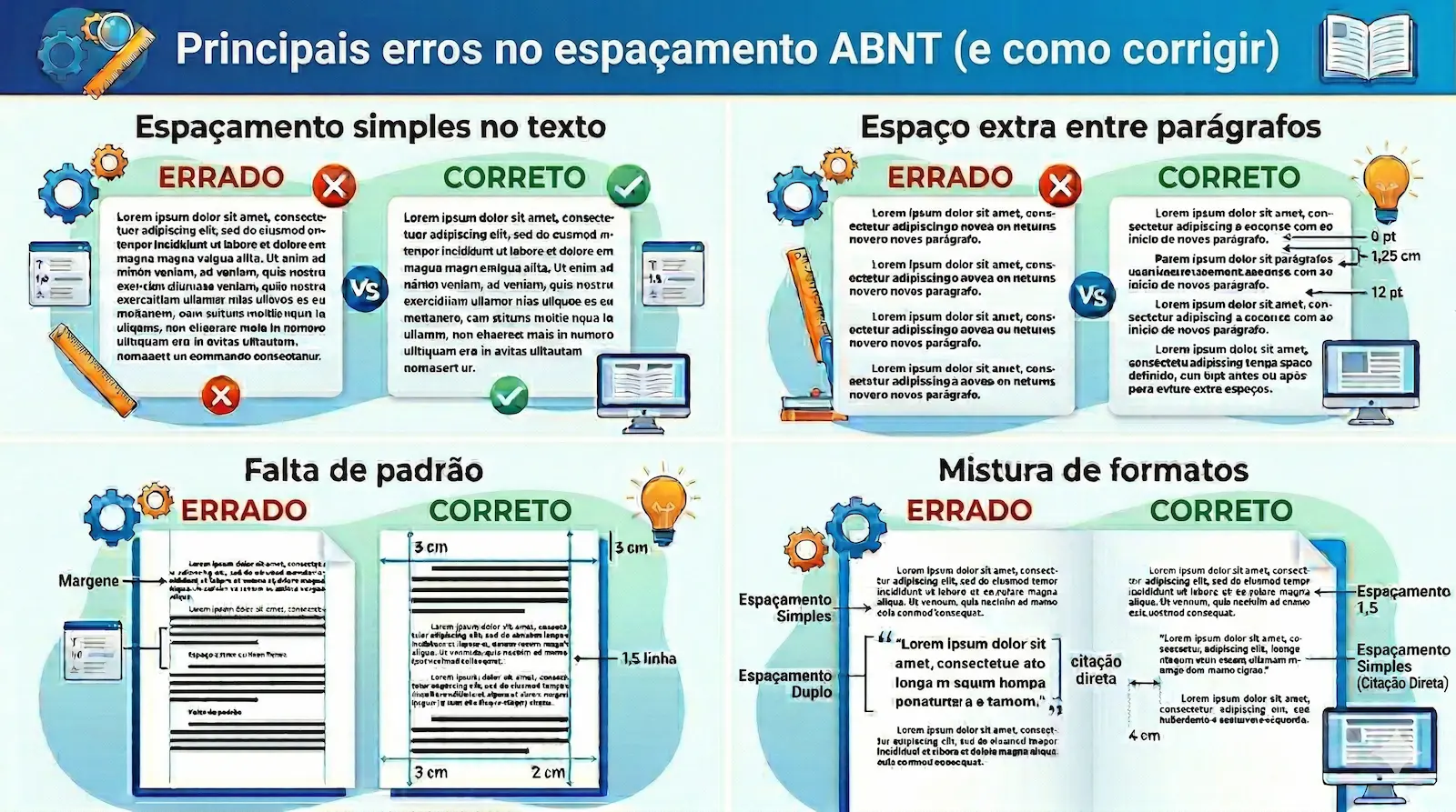 erros no espaçamento ABNT como uso incorreto de 1,5 e espaços extras entre parágrafos