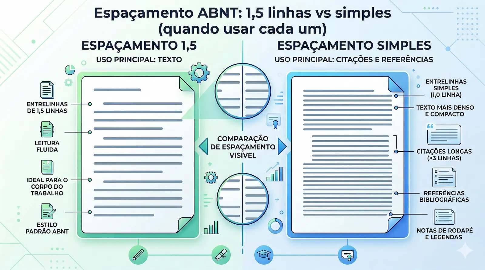 comparação entre espaçamento ABNT 1,5 e espaçamento simples em texto acadêmico