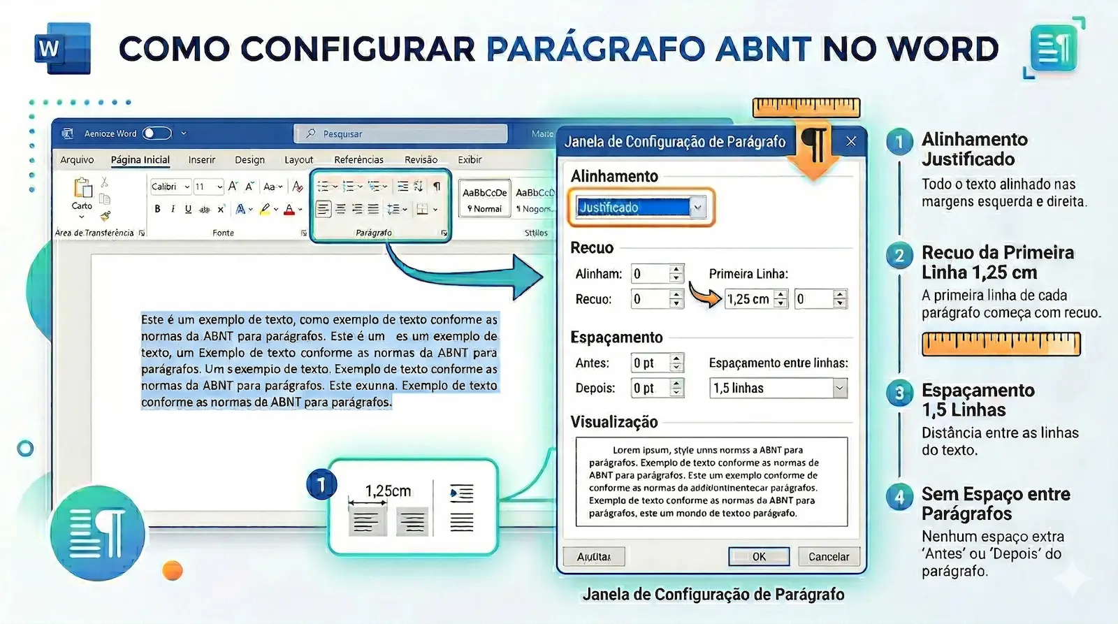 configuração de parágrafo ABNT no Word com recuo alinhamento e espaçamento corretos