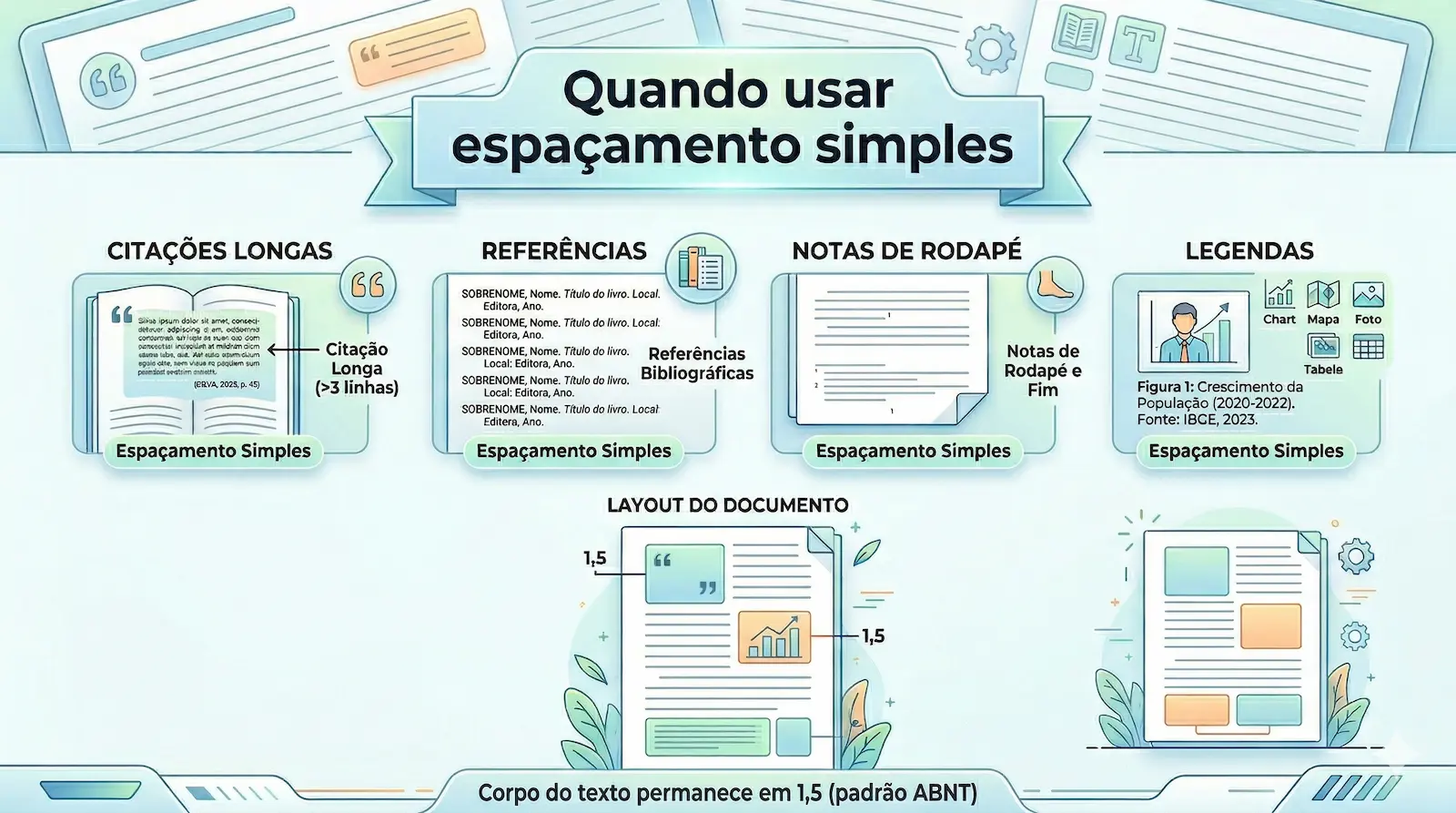 onde usar espaçamento simples ABNT em citações referências notas e legendas