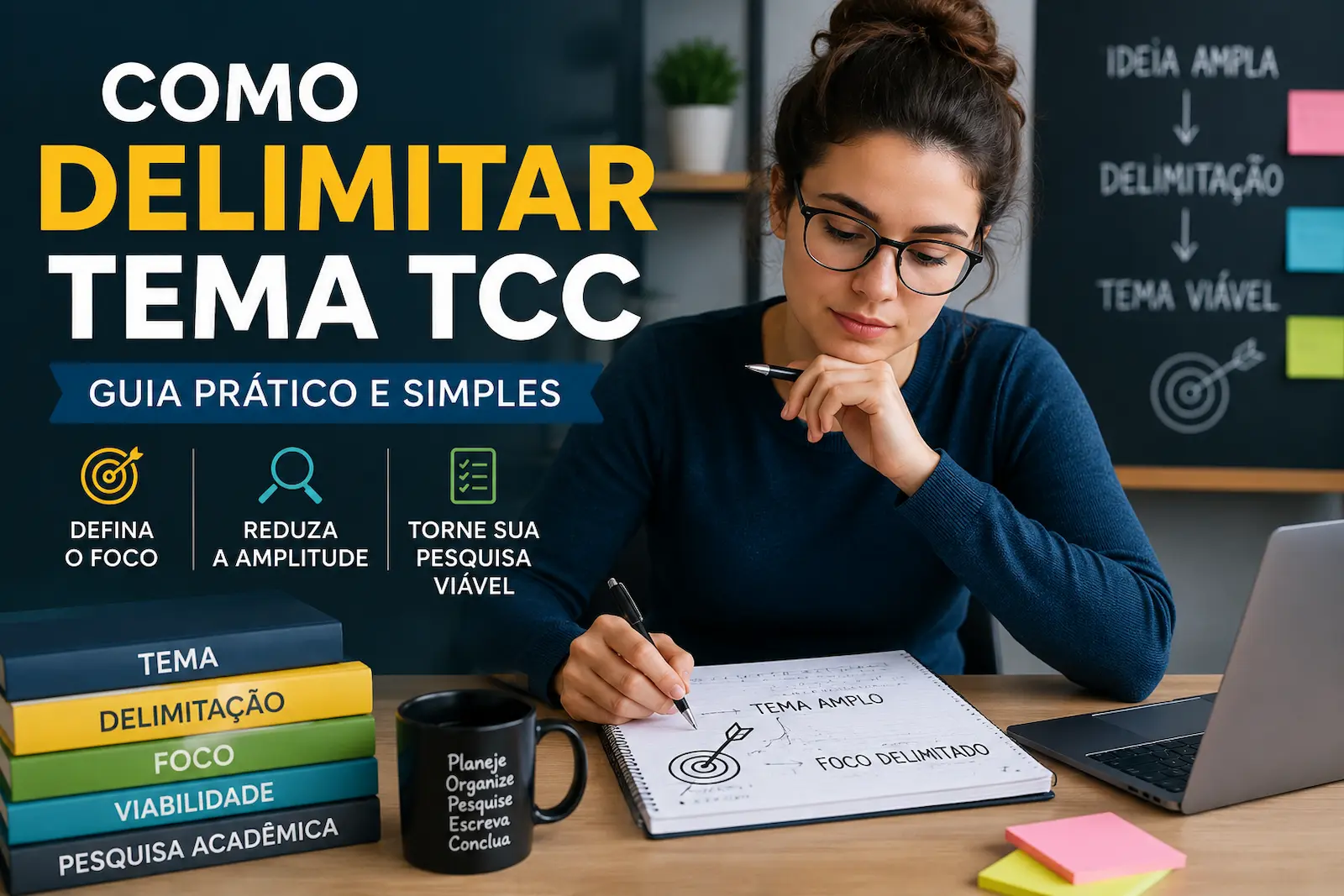 Estudante delimitando tema do TCC em ambiente acadêmico organizado