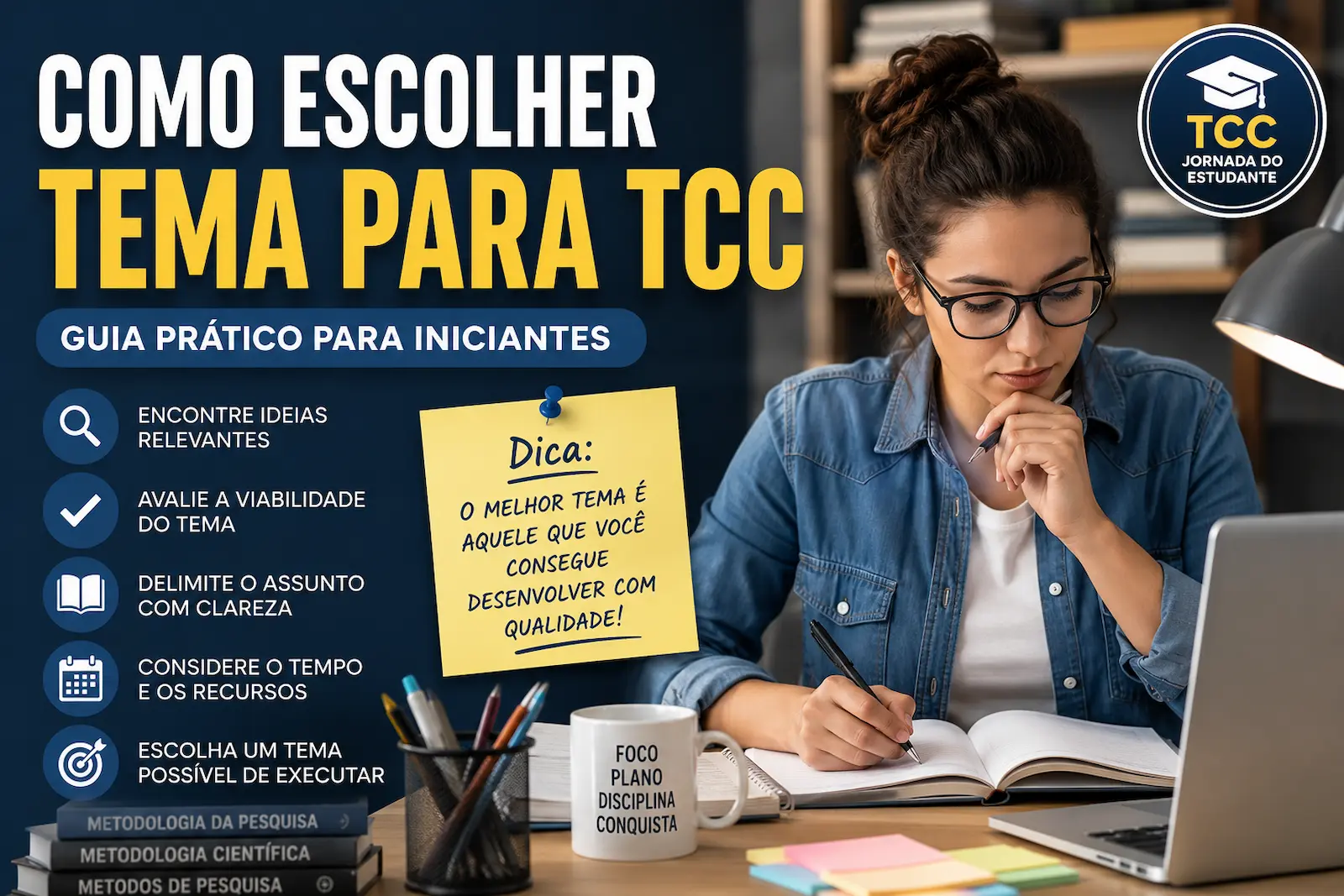 Estudante escolhendo tema para TCC em ambiente acadêmico organizado