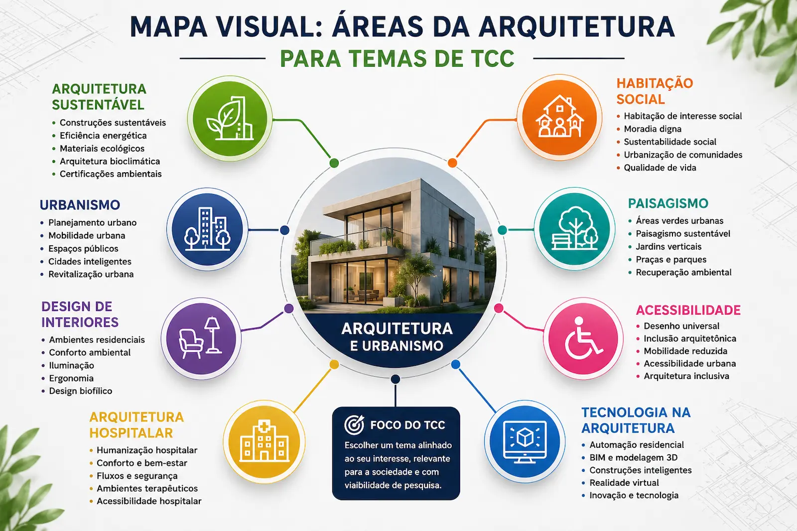 Mapa visual com áreas da Arquitetura para temas de TCC