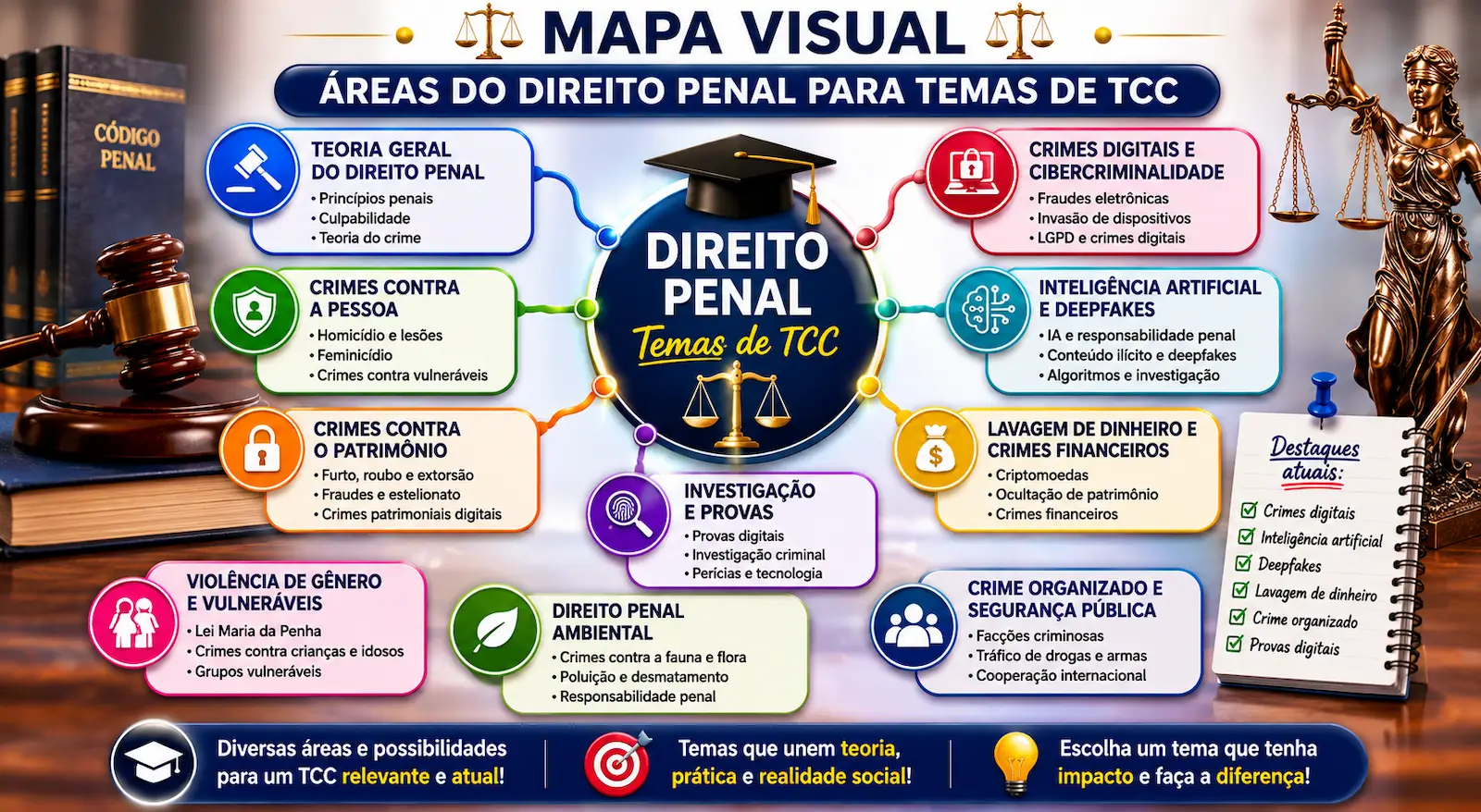 Mapa visual com áreas do Direito Penal para temas de TCC