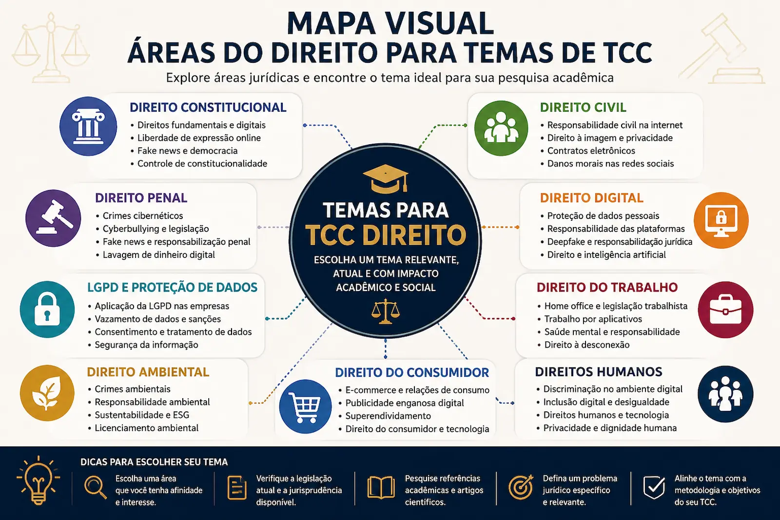 Mapa visual com áreas do Direito para temas de TCC