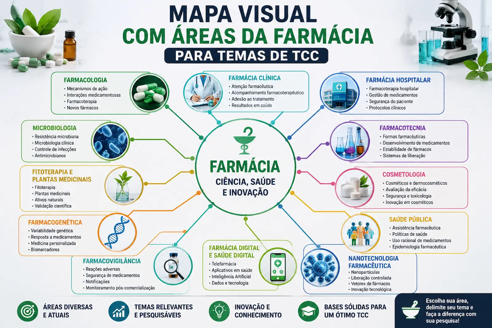 Mapa visual com áreas da Farmácia para temas de TCC