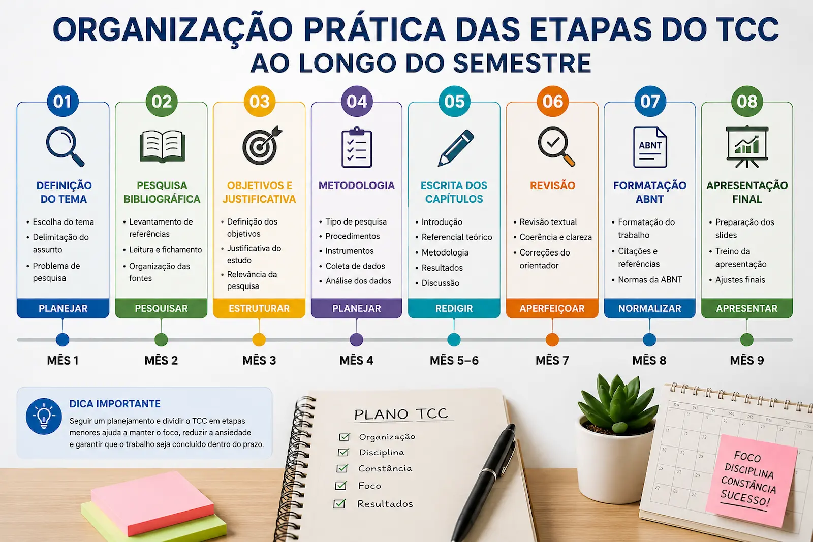 Organização prática das etapas do TCC ao longo do semestre