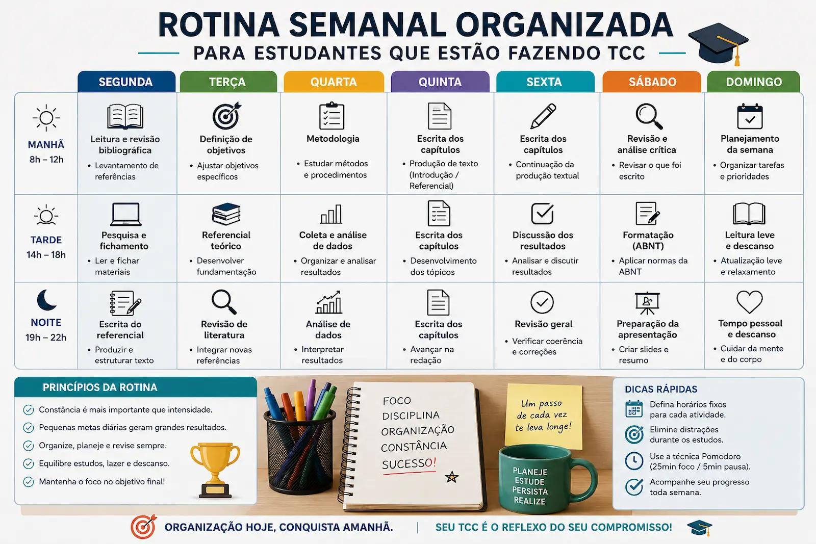 Rotina semanal organizada para estudantes que estão fazendo TCC