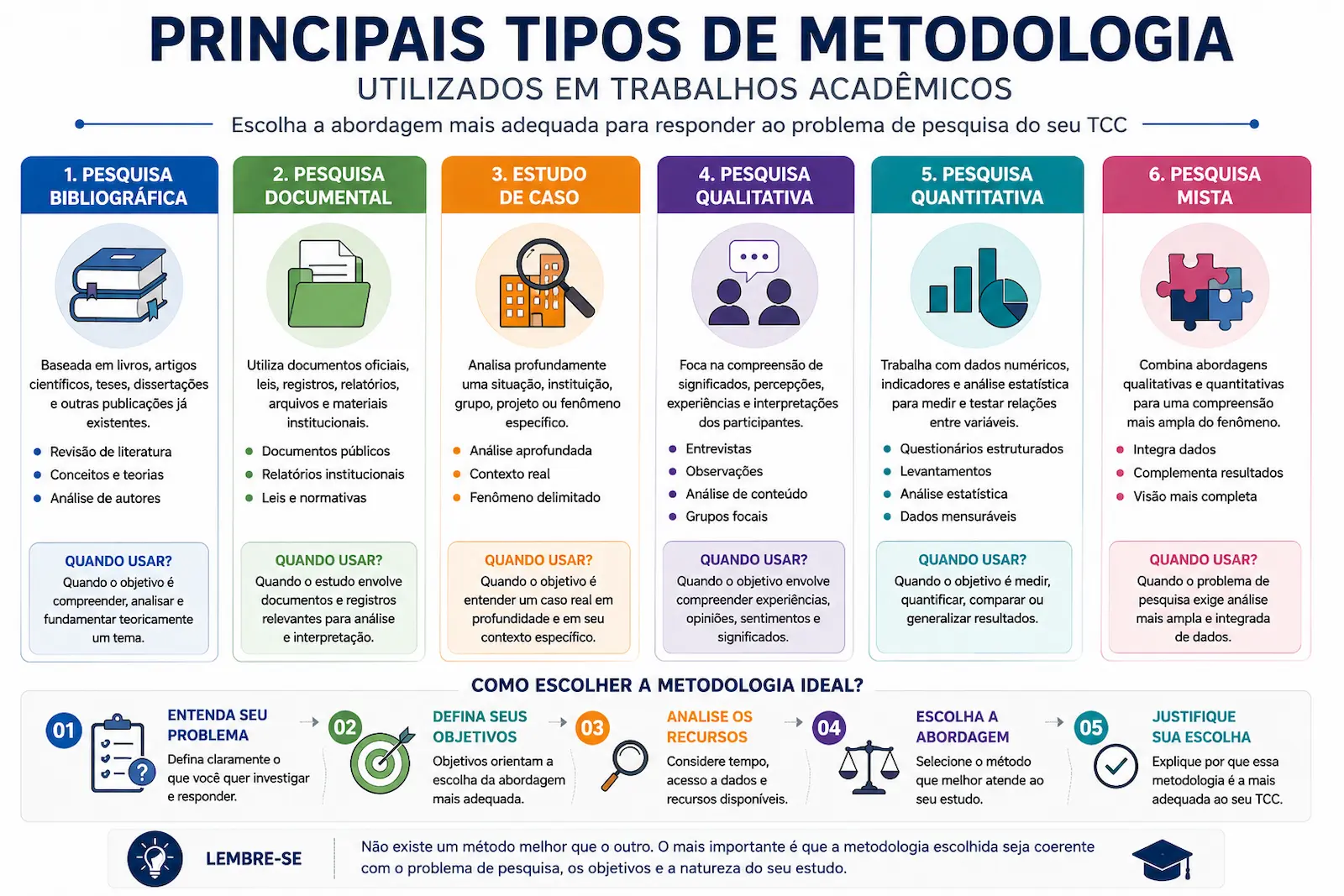 Infográfico com os principais tipos de metodologia científica para TCC