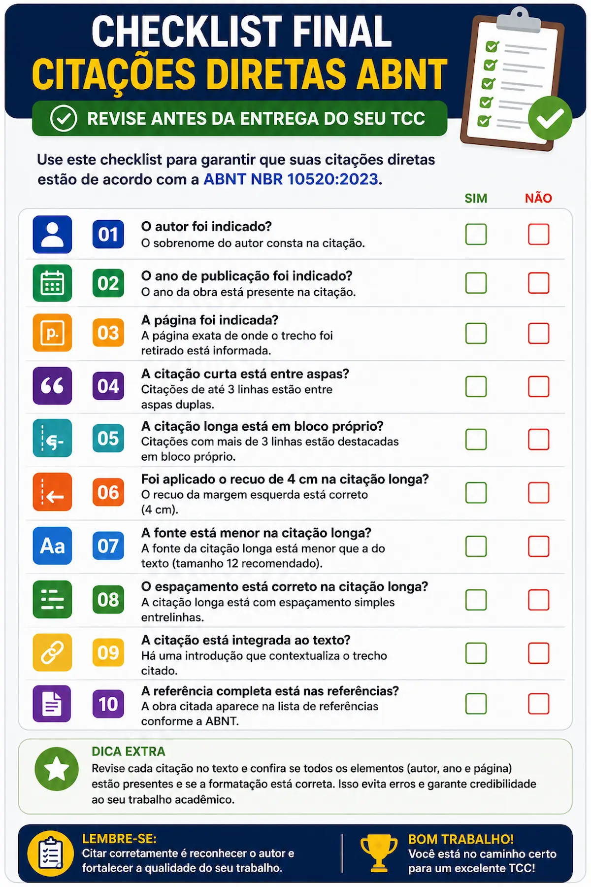 Checklist final para revisar citações diretas ABNT antes da entrega do TCC
