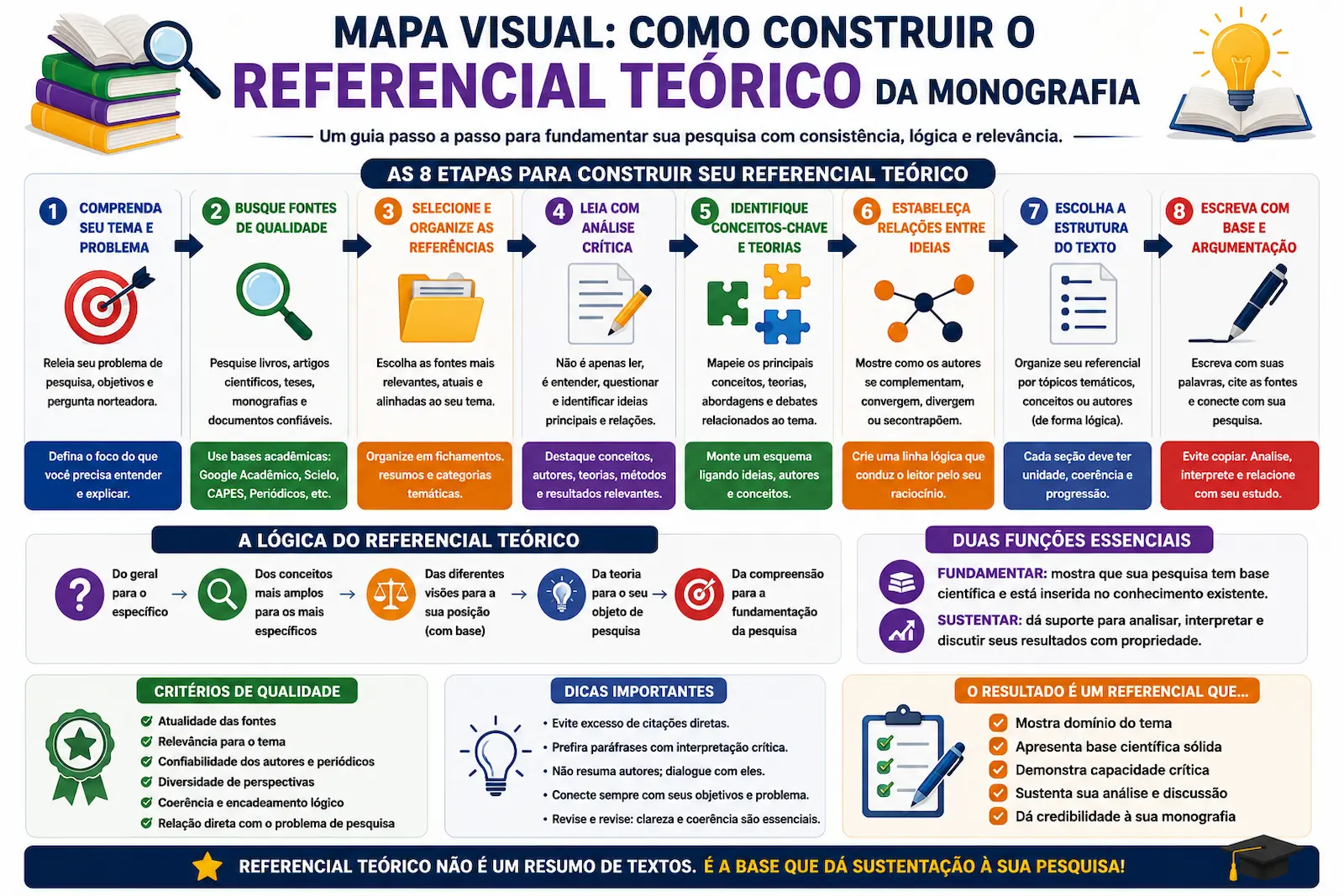 Mapa visual mostrando como construir o referencial teórico da monografia