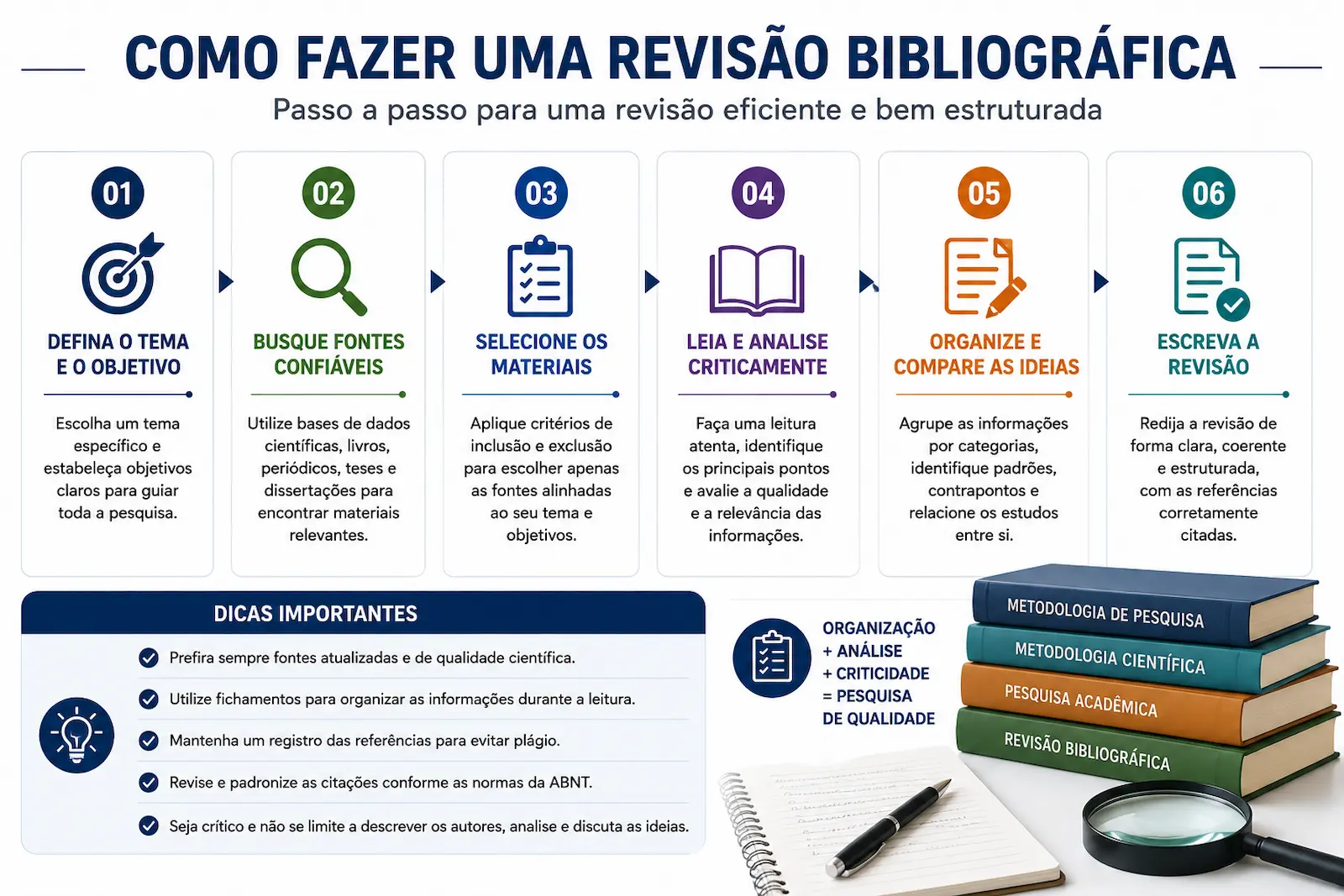 Infográfico mostrando como fazer uma revisão bibliográfica passo a passo, desde a definição do tema até a redação final do trabalho acadêmico.