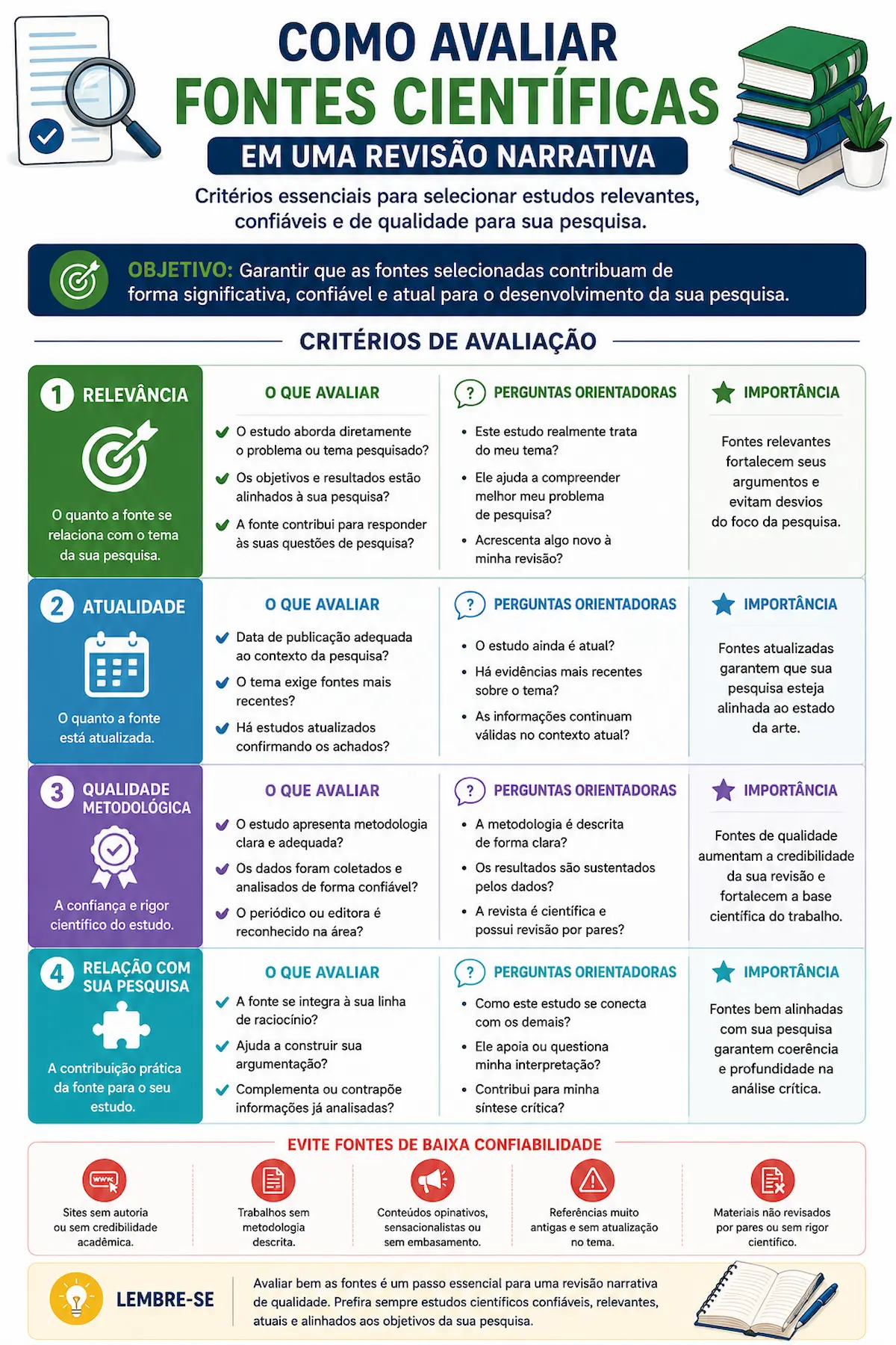 Infográfico com critérios para avaliar fontes científicas em uma revisão narrativa, incluindo relevância, atualidade, qualidade metodológica e relação com a pesquisa.