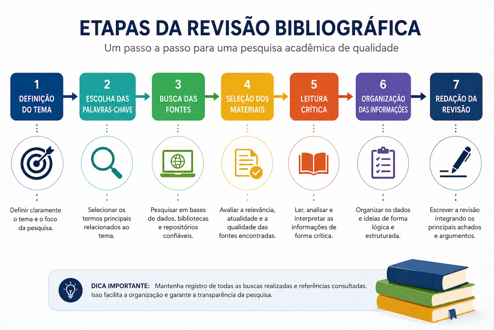 Fluxograma mostrando as etapas da revisão bibliográfica, desde a definição do tema e das palavras-chave até a redação final do trabalho acadêmico.