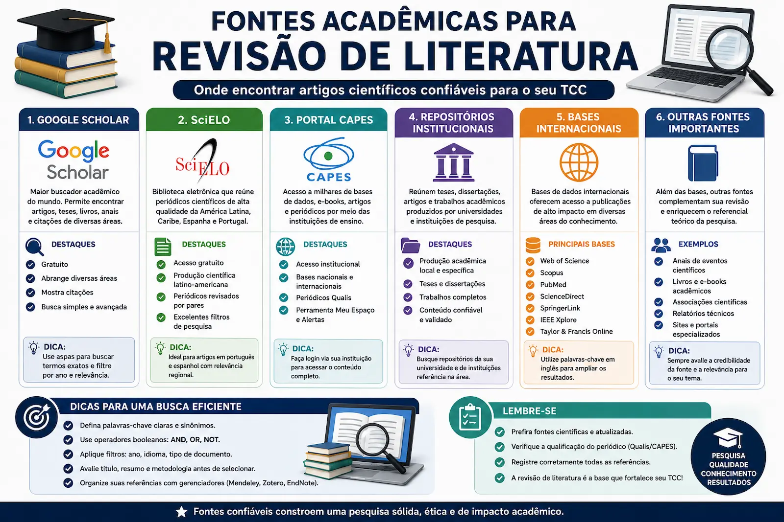 Fontes acadêmicas para revisão de literatura incluindo Google Scholar SciELO Portal CAPES repositórios institucionais e bases internacionais