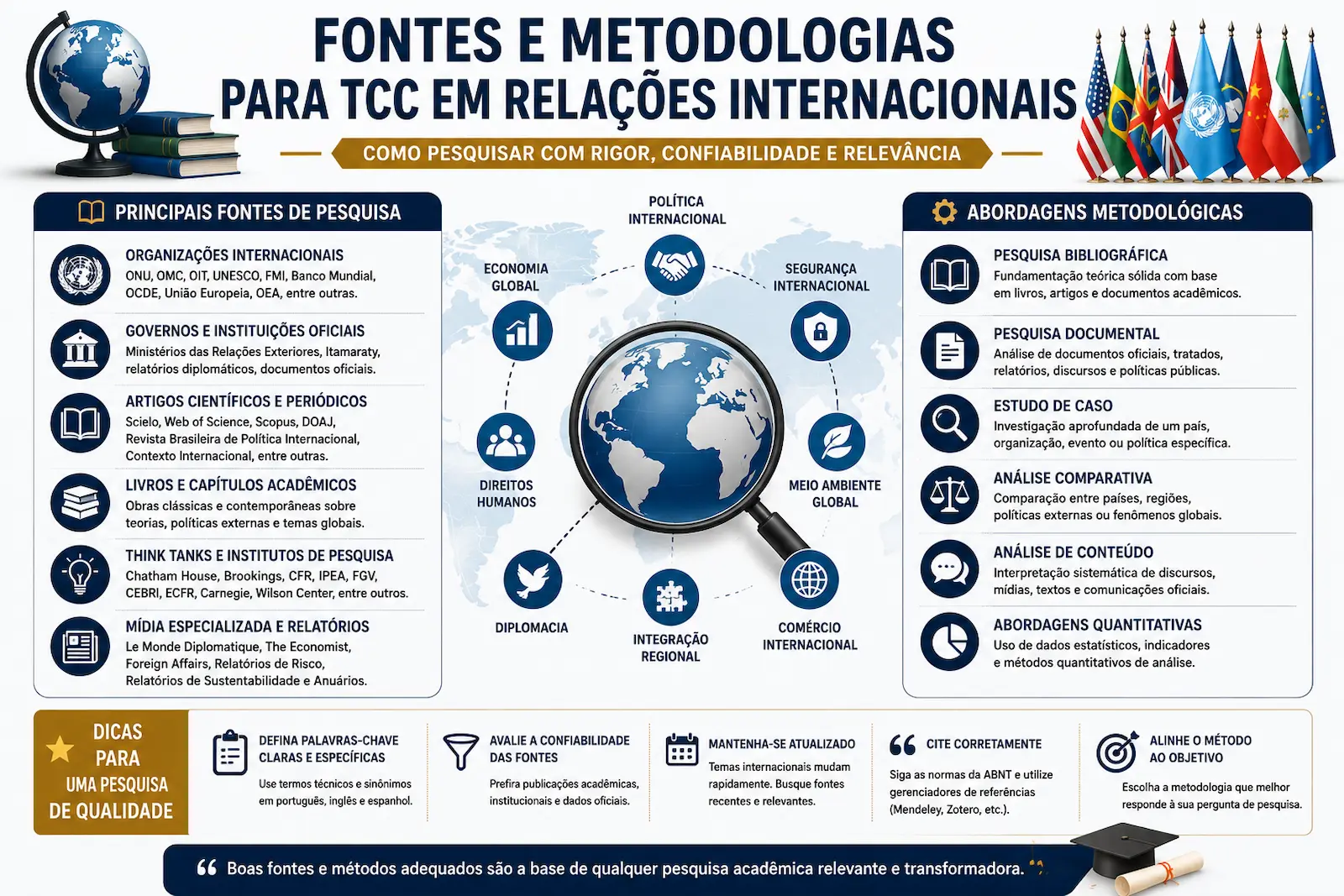 Infográfico com fontes de pesquisa e metodologias para TCC em Relações Internacionais incluindo organizações internacionais, artigos científicos, pesquisa bibliográfica, estudo de caso e análise comparativa