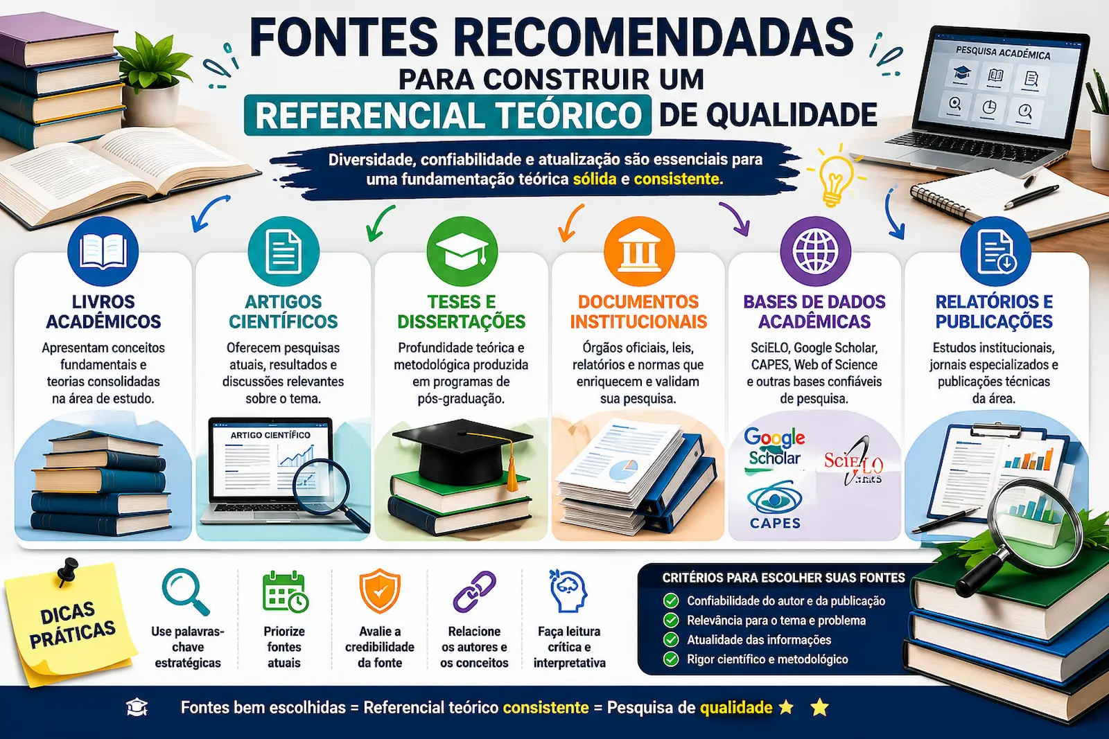 Fontes recomendadas para construir um referencial teórico de qualidade incluindo livros artigos científicos teses dissertações e documentos institucionais
