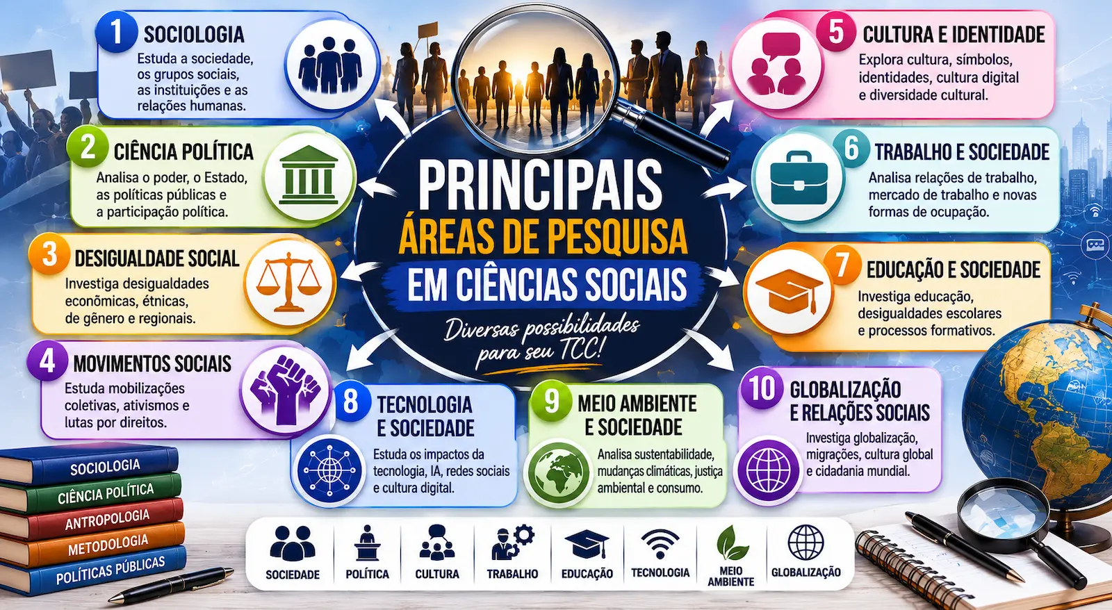 Mapa visual com as principais áreas de pesquisa para TCC em Ciências Sociais incluindo sociologia, ciência política, desigualdade social, movimentos sociais, cultura, trabalho, educação, tecnologia, meio ambiente e globalização