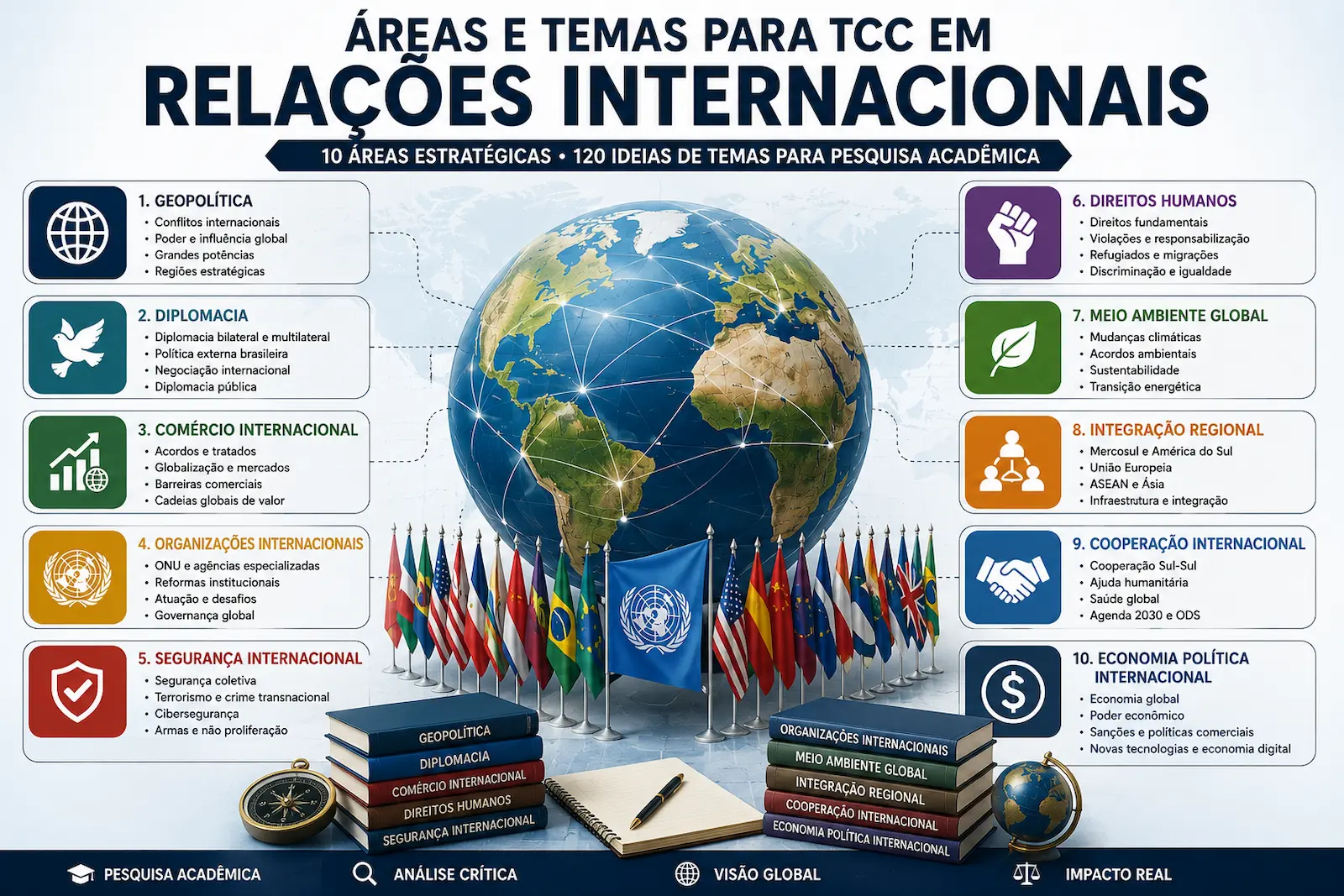Mapa visual com 10 áreas de pesquisa para TCC em Relações Internacionais incluindo geopolítica, diplomacia, comércio internacional, organizações internacionais, segurança internacional, direitos humanos, meio ambiente global, integração regional, cooperação internacional e economia política internacional