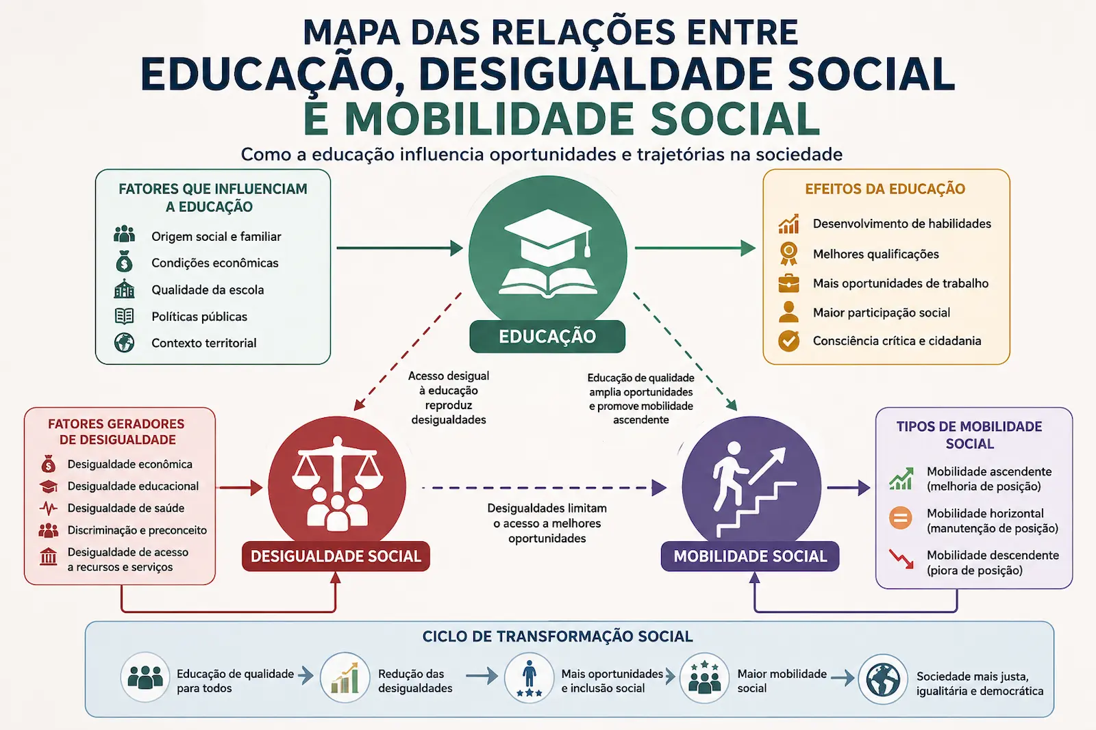 Mapa explicando as relações entre educação, desigualdade social e mobilidade social na Sociologia