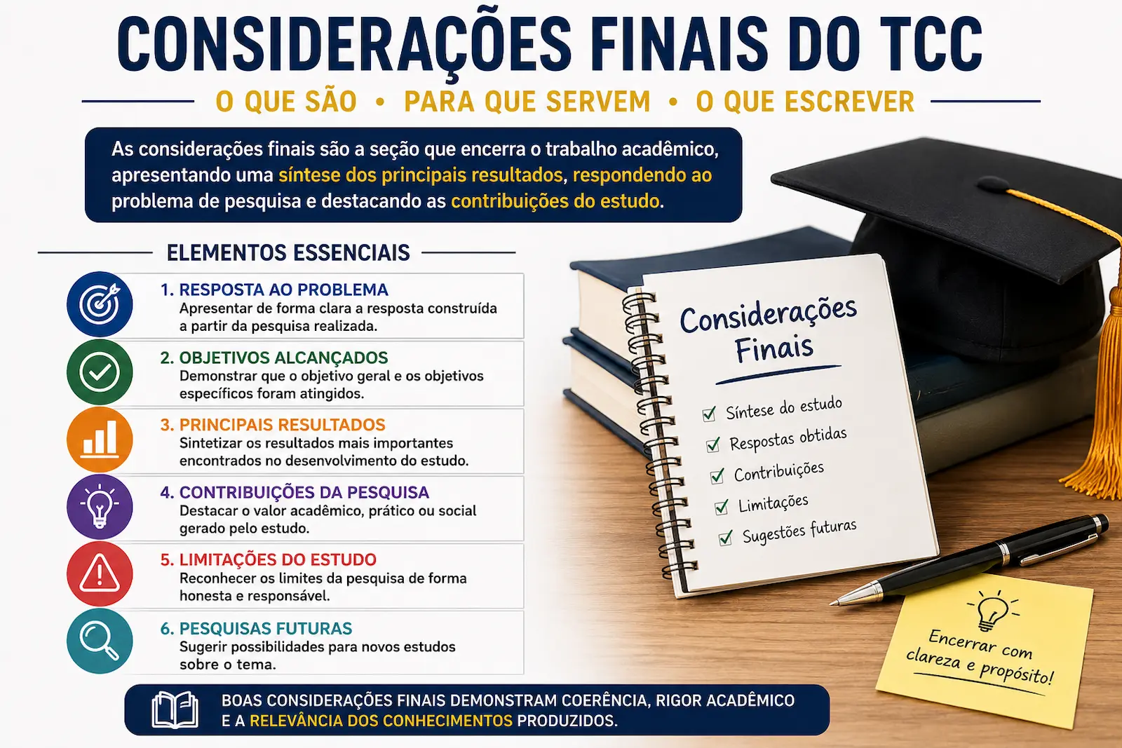 Mapa visual mostrando a posição das considerações finais dentro da estrutura completa do TCC e sua relação com problema objetivos metodologia desenvolvimento resultados e encerramento da pesquisa
