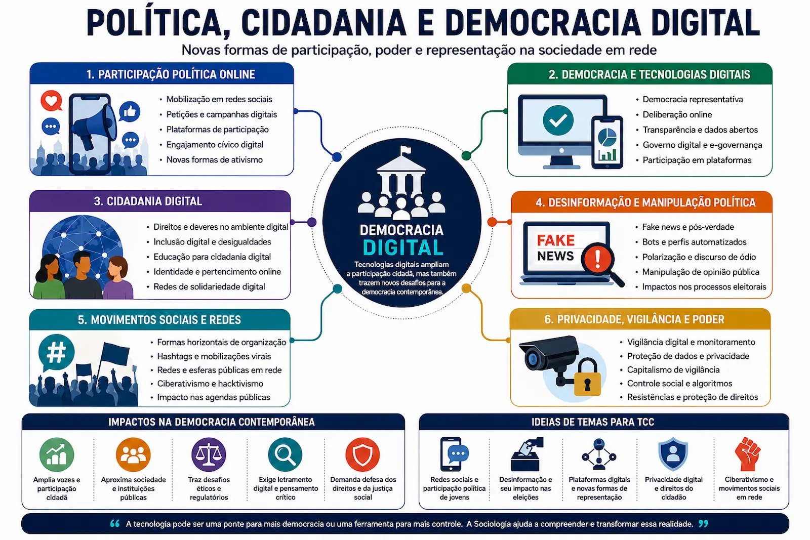 Infográfico sobre política, cidadania e democracia digital mostrando participação política online, cidadania digital, fake news, privacidade e movimentos sociais em rede