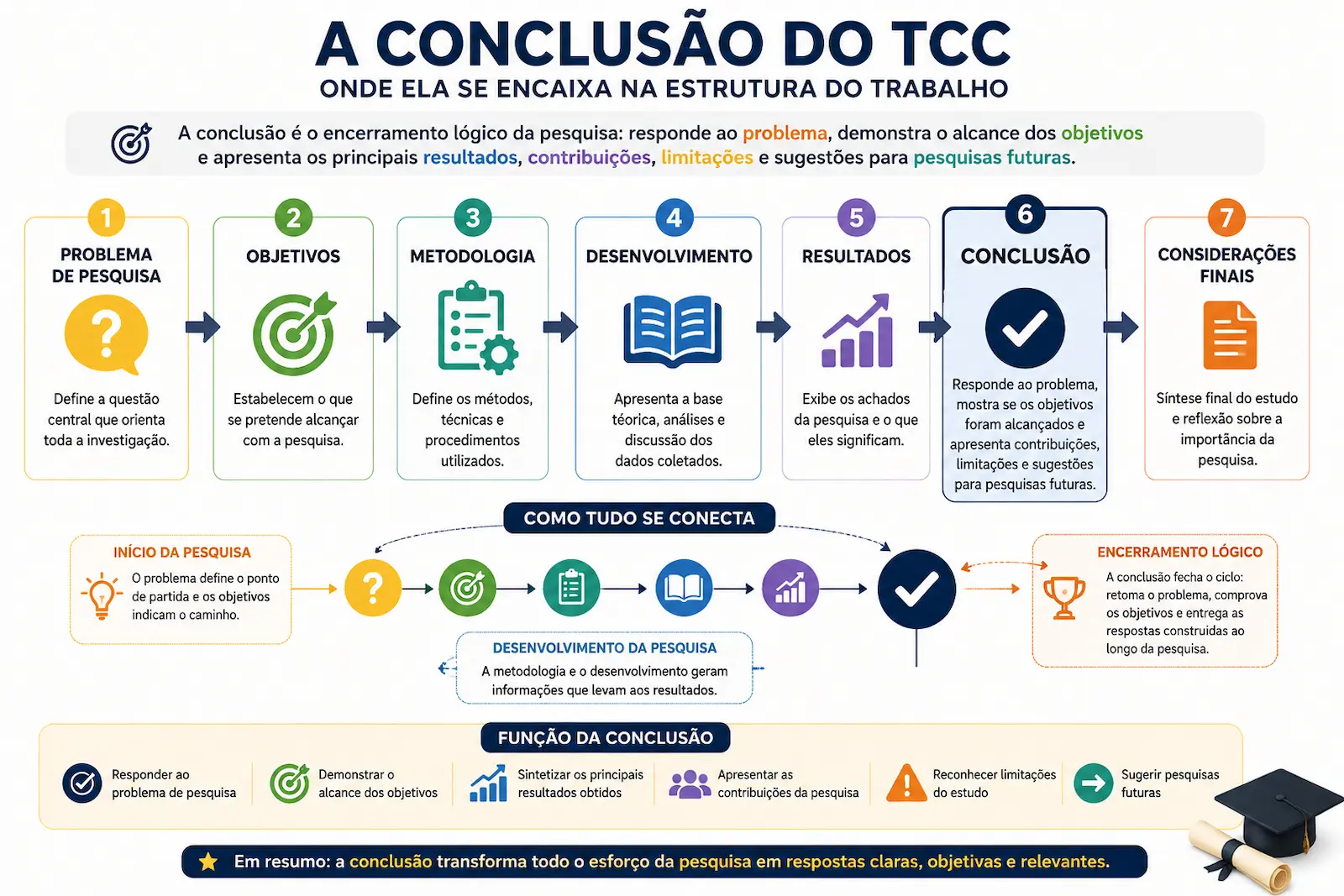 Mapa visual mostrando a posição da conclusão dentro da estrutura completa do TCC e sua relação com problema objetivos metodologia desenvolvimento resultados e considerações finais