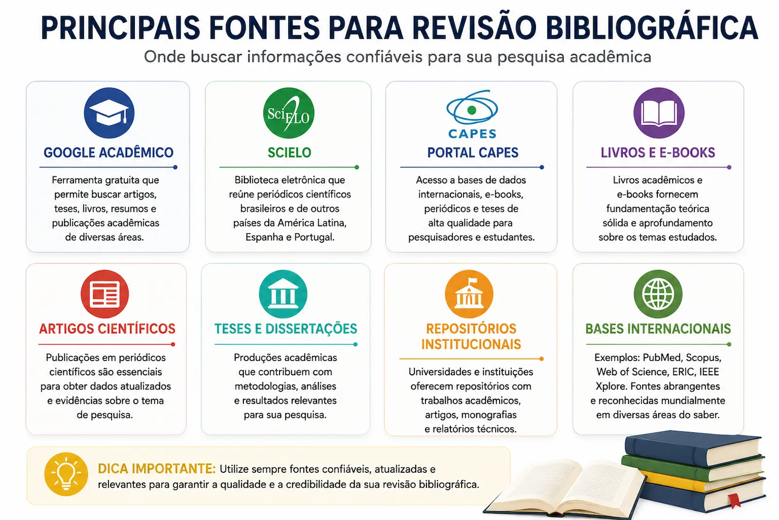 Infográfico mostrando as principais bases de dados científicas, incluindo Google Acadêmico, SciELO, Portal CAPES, PubMed e BDTD para pesquisas acadêmicas.