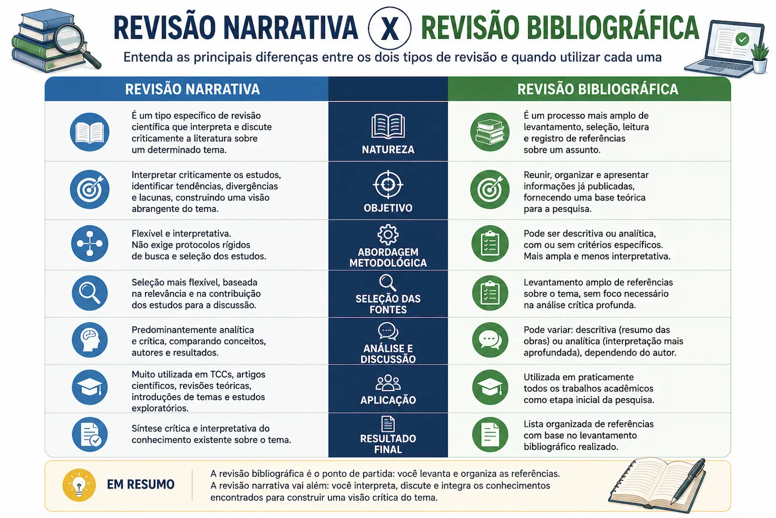 Infográfico comparando revisão narrativa e revisão bibliográfica, destacando diferenças de objetivos, abordagem metodológica e aplicação em pesquisas acadêmicas.