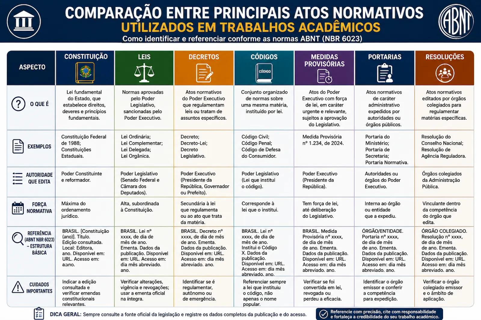 Comparação entre Constituição, leis, decretos, códigos, medidas provisórias, portarias e resoluções utilizadas em trabalhos acadêmicos.
