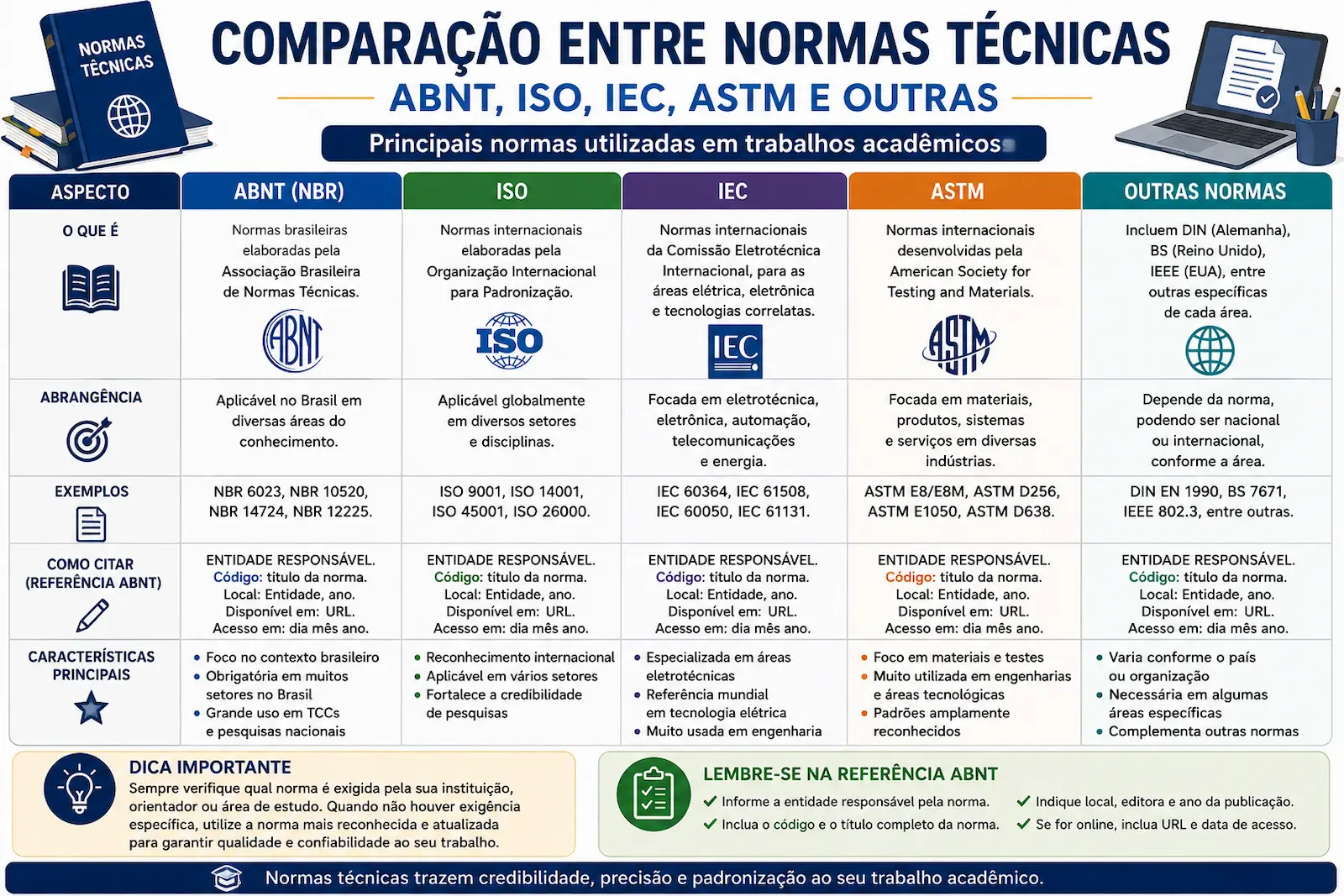 Comparação entre normas ABNT, ISO, IEC, ASTM e outras normas técnicas utilizadas em trabalhos acadêmicos.
