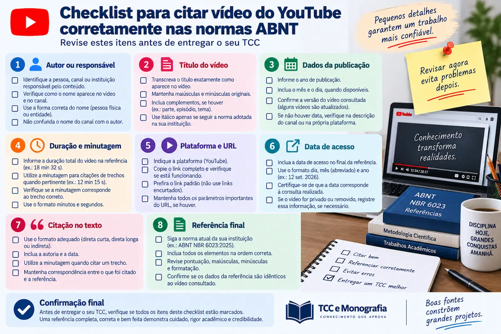Checklist para citar vídeo do YouTube corretamente nas normas ABNT antes de entregar o TCC