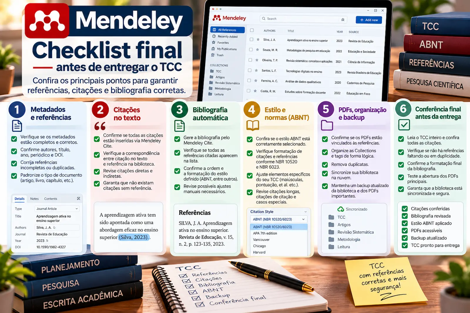 Checklist final do Mendeley antes de entregar o TCC com conferência de metadados, citações, bibliografia, ABNT e backup