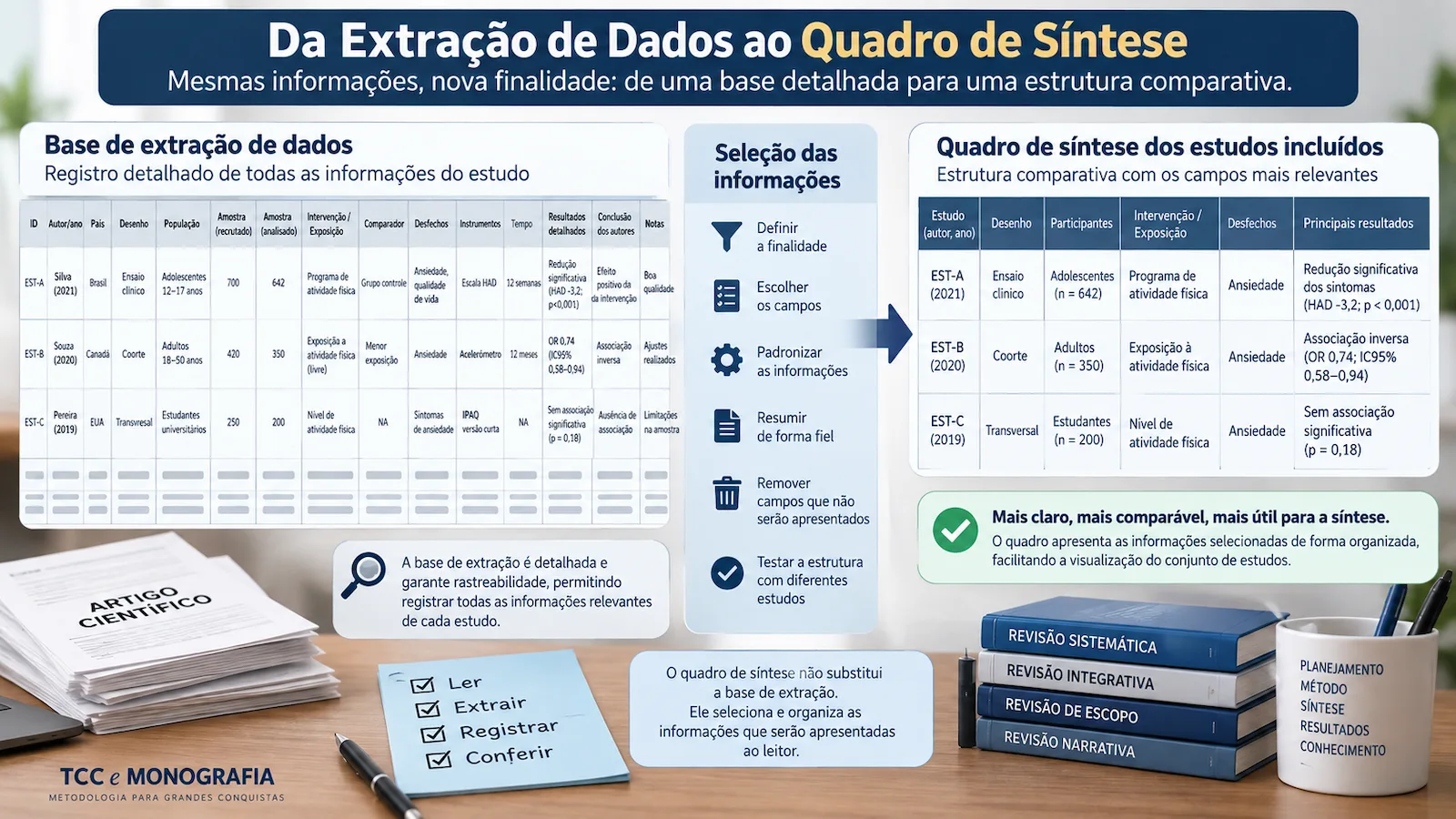 Da extração de dados ao quadro de síntese mostrando uma base detalhada sendo transformada em uma estrutura comparativa com campos selecionados