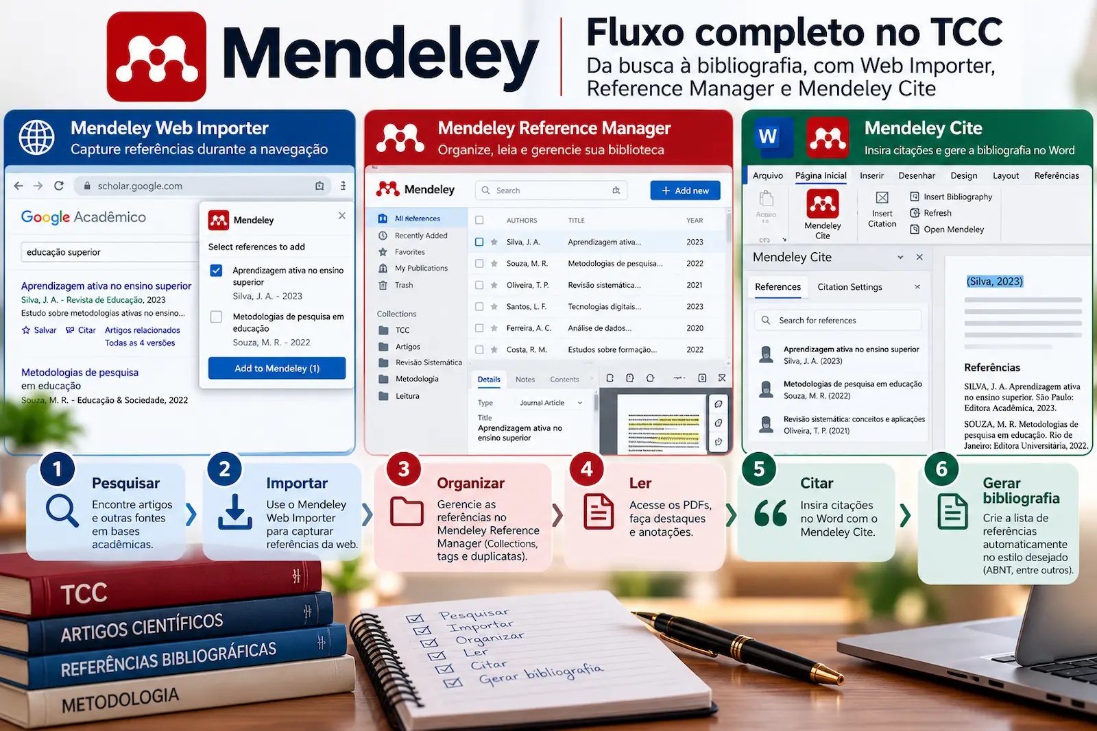 Fluxo do Mendeley com Web Importer, Reference Manager e Mendeley Cite no TCC