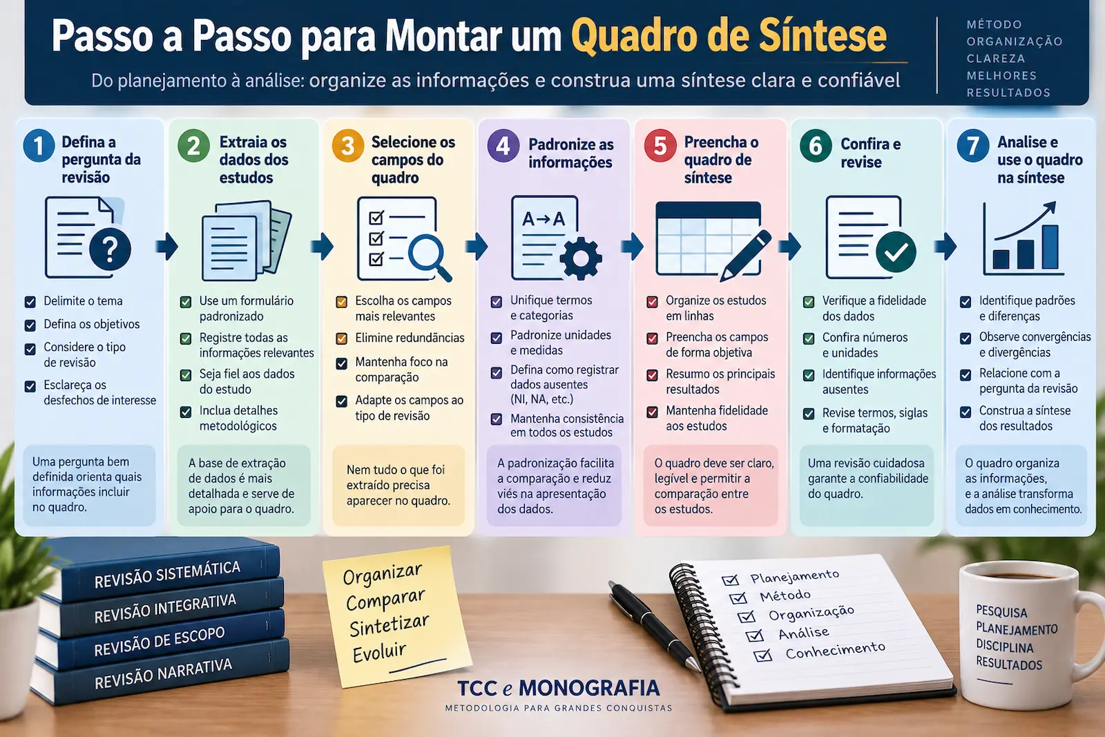 Passo a passo para montar um quadro de síntese desde a pergunta da revisão e os dados extraídos até a padronização, conferência e análise dos estudos