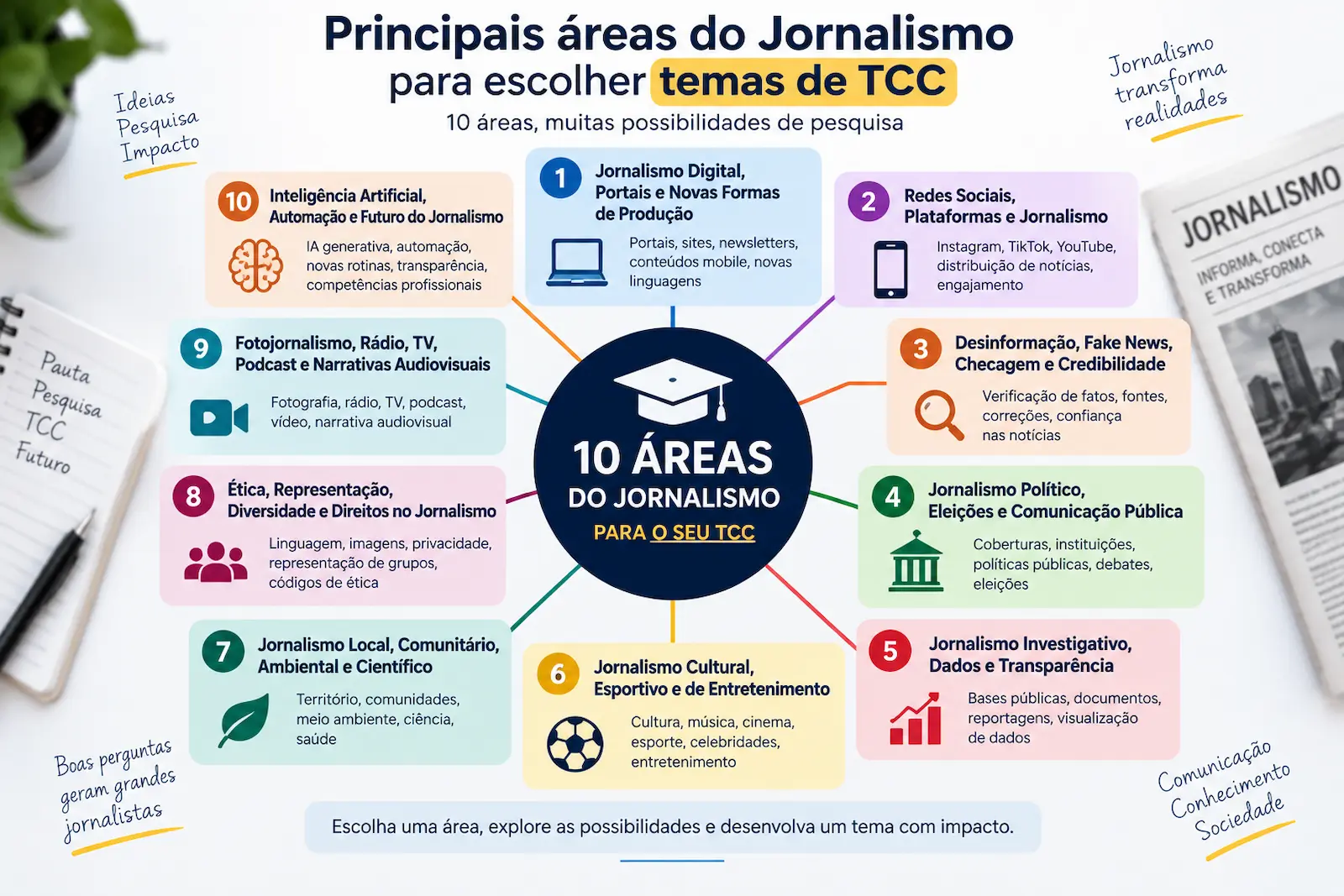 Mapa das principais áreas do Jornalismo para escolher temas de TCC
