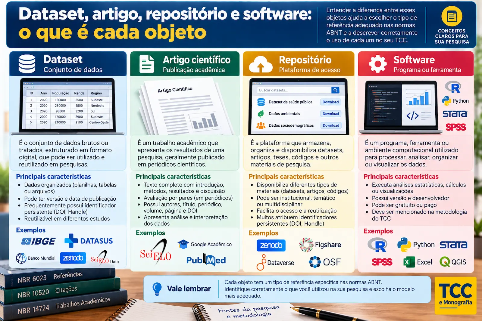 Dataset, artigo, repositório e software: o que é cada objeto